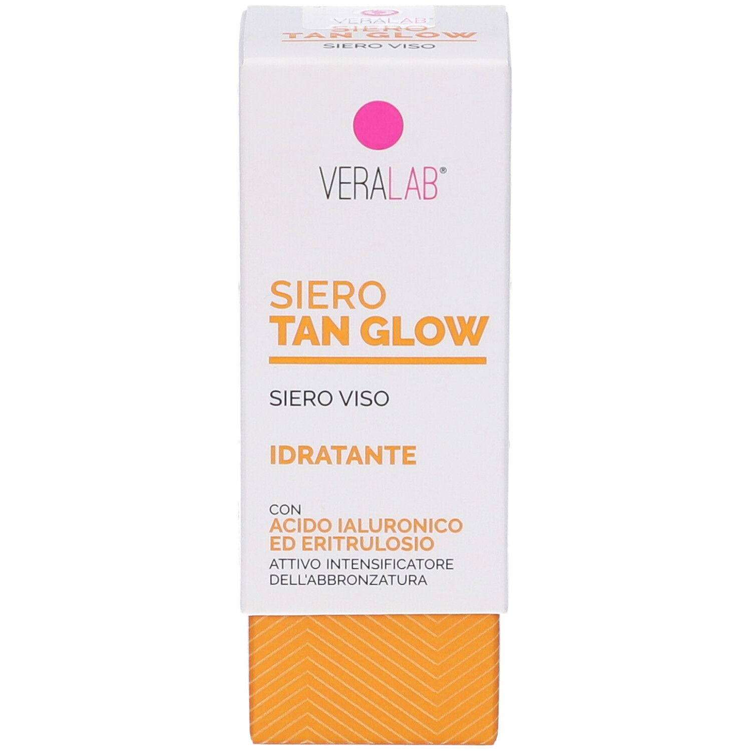 Fronte confezione VERALAB SIERO TAN GLOW. Scatola bianca con base arancione. Nome del prodotto visibile.