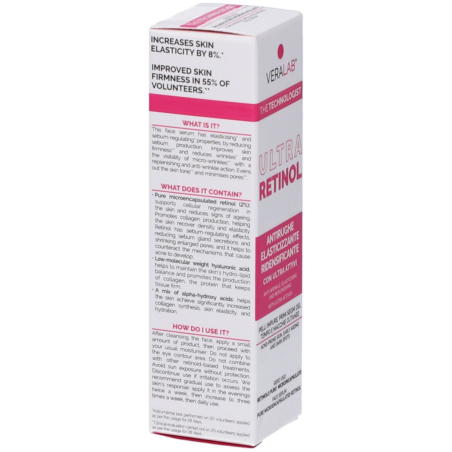Confezione VERALAB Ultra Retinol. Testo: Aumenta l'elasticità cutanea dell'8%. Migliora la compattezza cutanea nel 55% dei volontari.