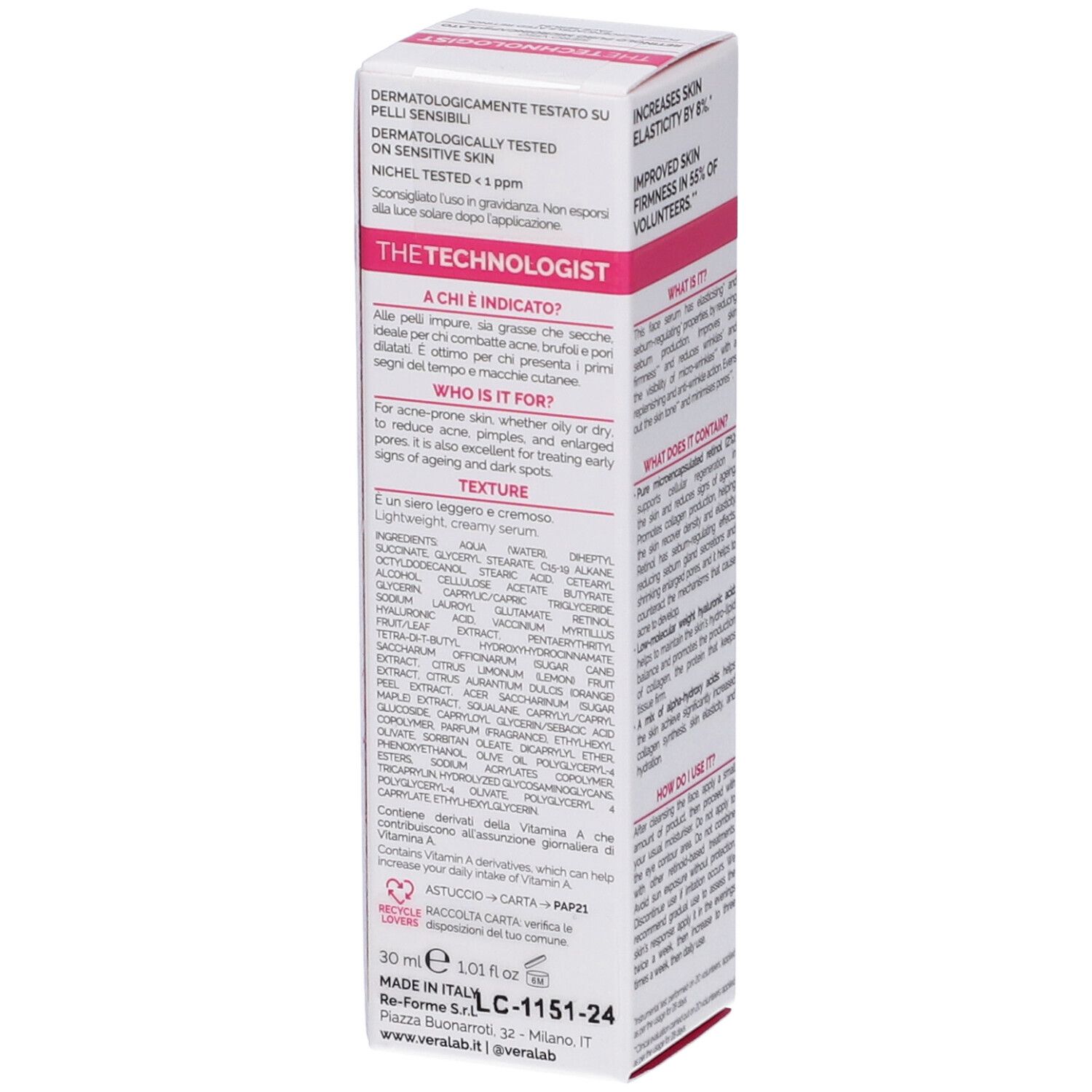 Confezione VERALAB Ultra Retinol. Testo: Dermatologicamente testato su pelli sensibili. Nickel tested <1 ppm. Ingredienti.