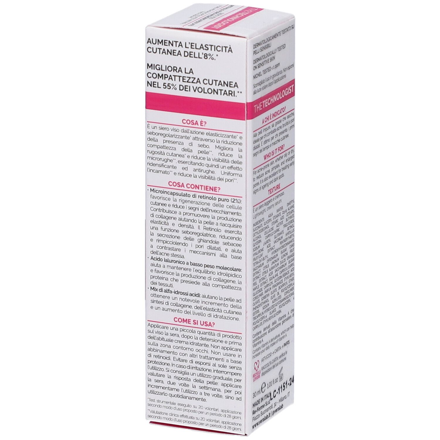 Confezione VERALAB Ultra Retinol. Testo: Aumenta l'elasticità cutanea dell'8%. Migliora la compattezza cutanea nel 55% dei volontari.