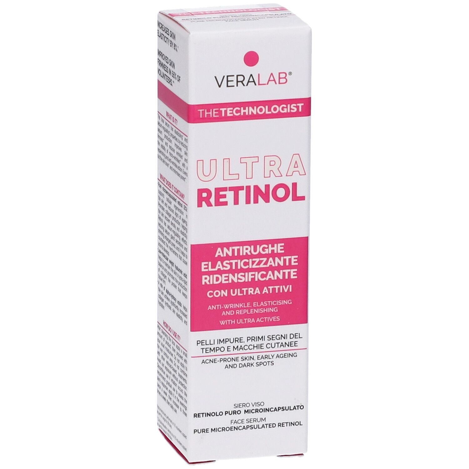 Confezione VERALAB Ultra Retinol. Bianco con dettagli rosa. Testo: Ultra Retinol, antirughe, elasticizzante, ridensificante.