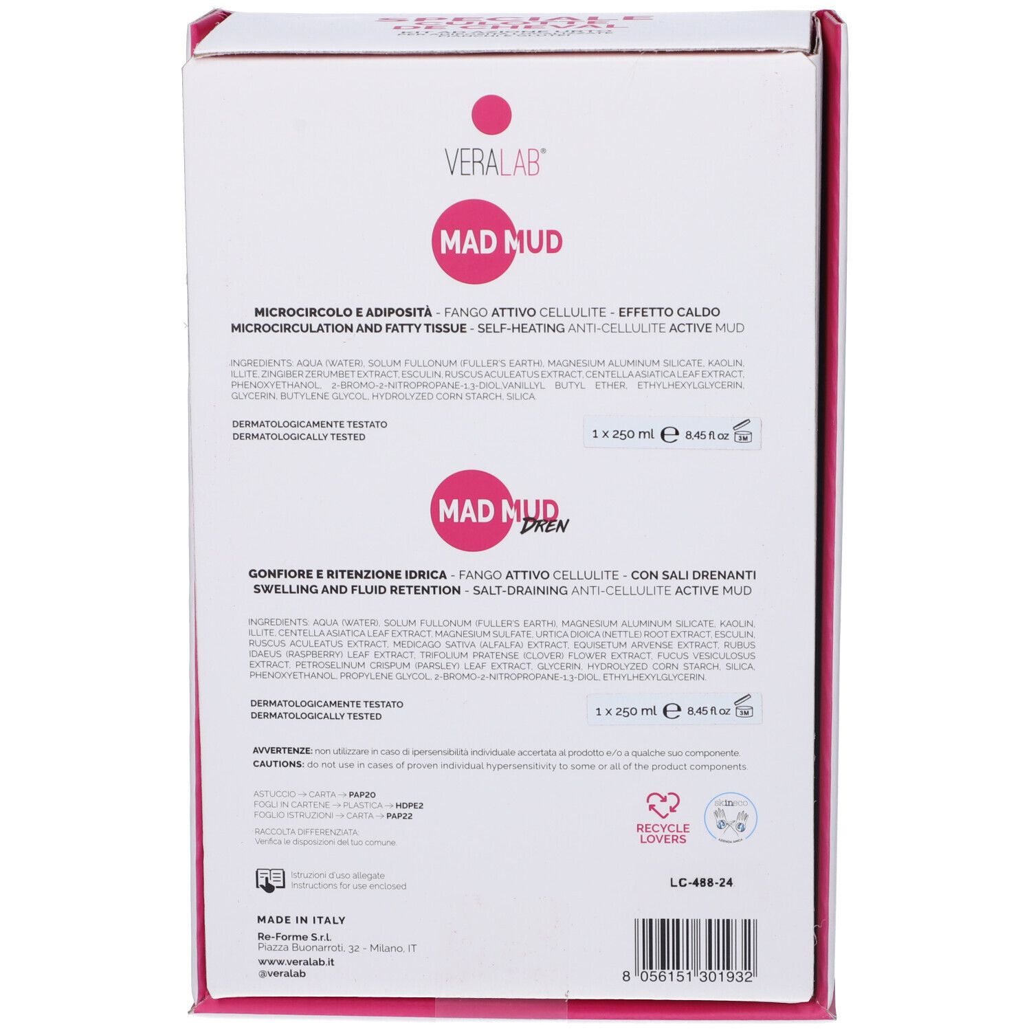 Retro della confezione del prodotto. Contiene testo e informazioni sugli ingredienti e sul produttore. Due contenitori con testo.