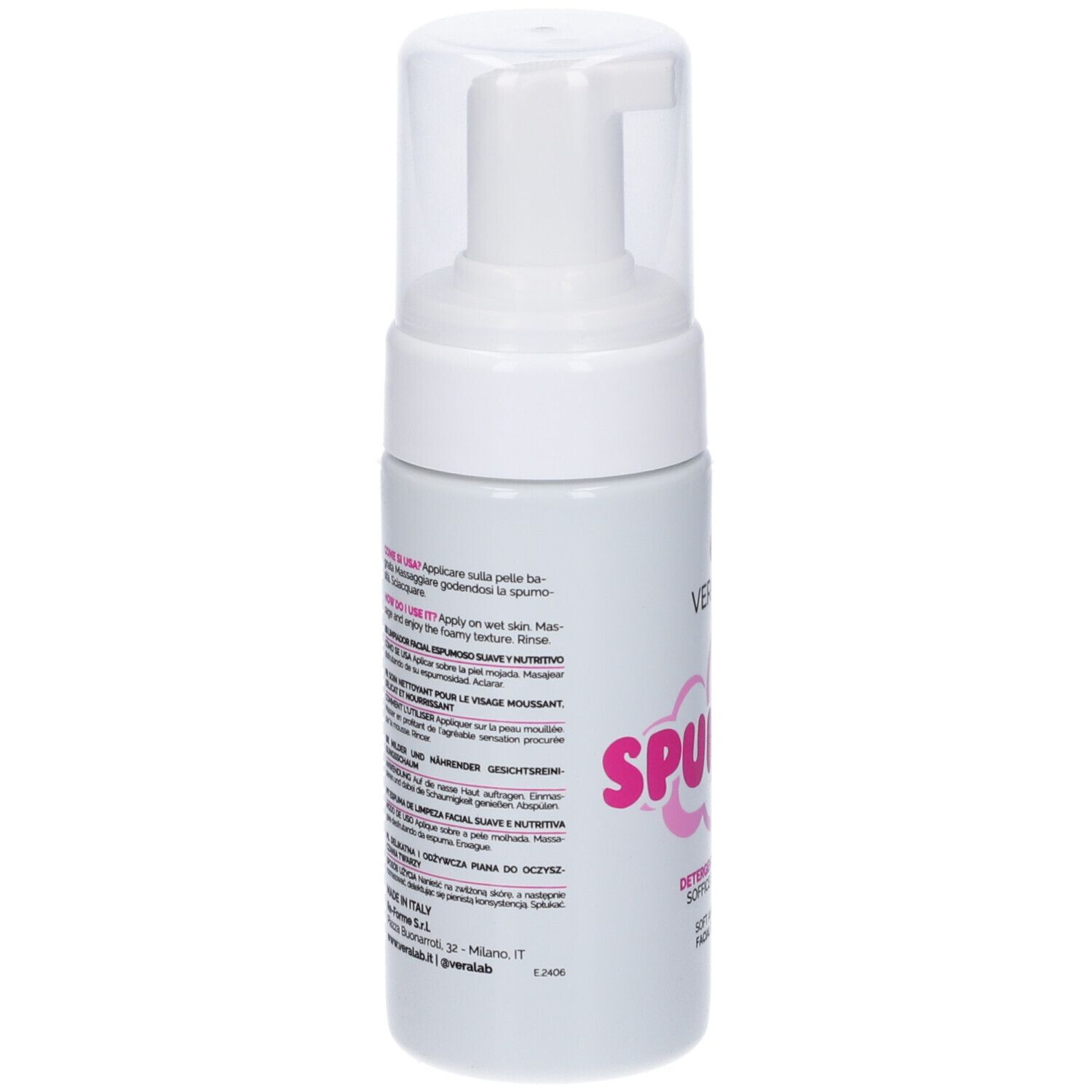 Flacone bianco con dosatore. Retro con testo multilingue. Scritta rosa "Spumone".