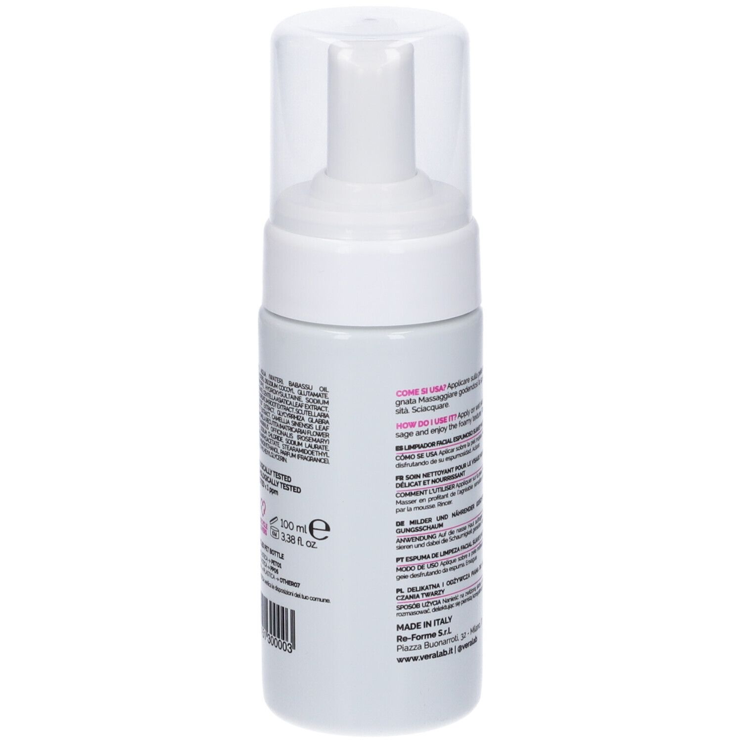 Flacone bianco con dosatore. Retro con testo e informazioni. Scritta rosa "Spumone".