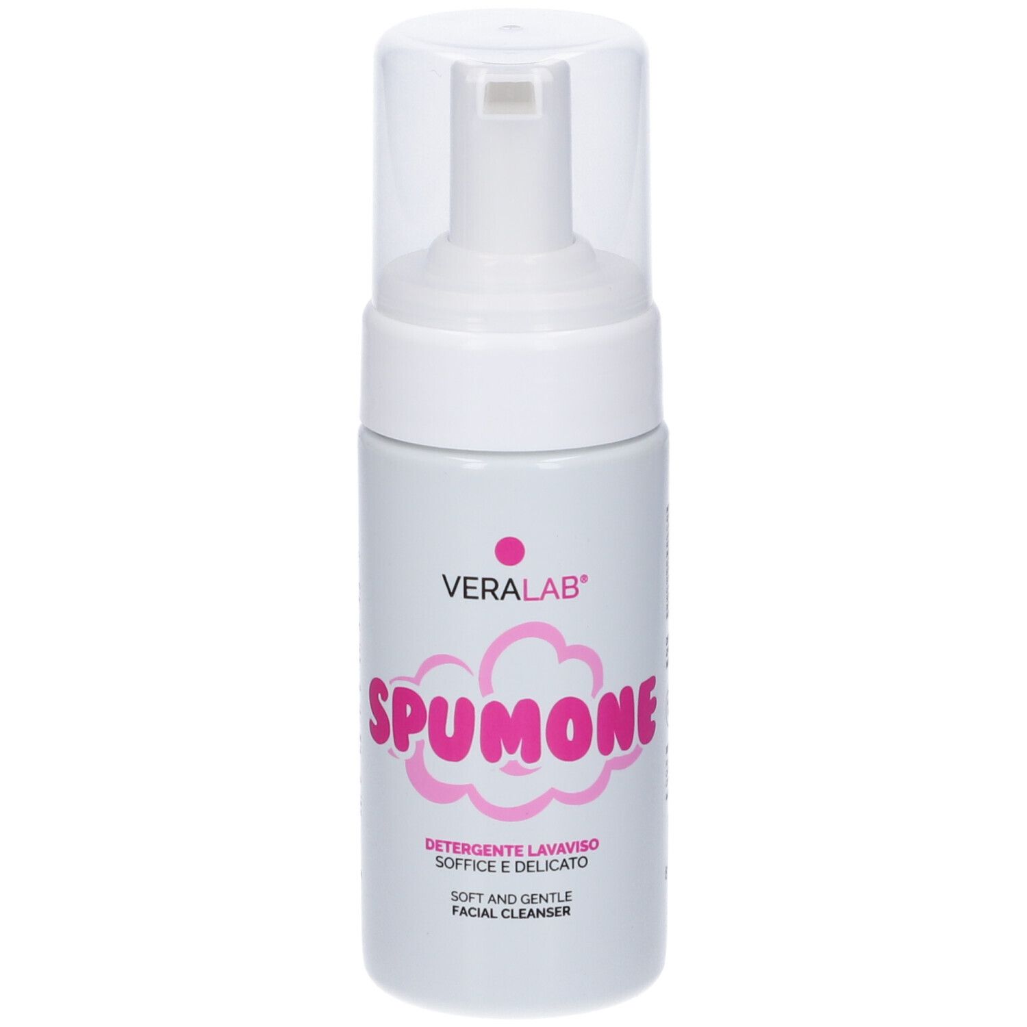 Flacone bianco con dosatore. Scritta rosa "Spumone" e "Veralab". Testo: "Detergente Lavaviso Soffice e Delicato".