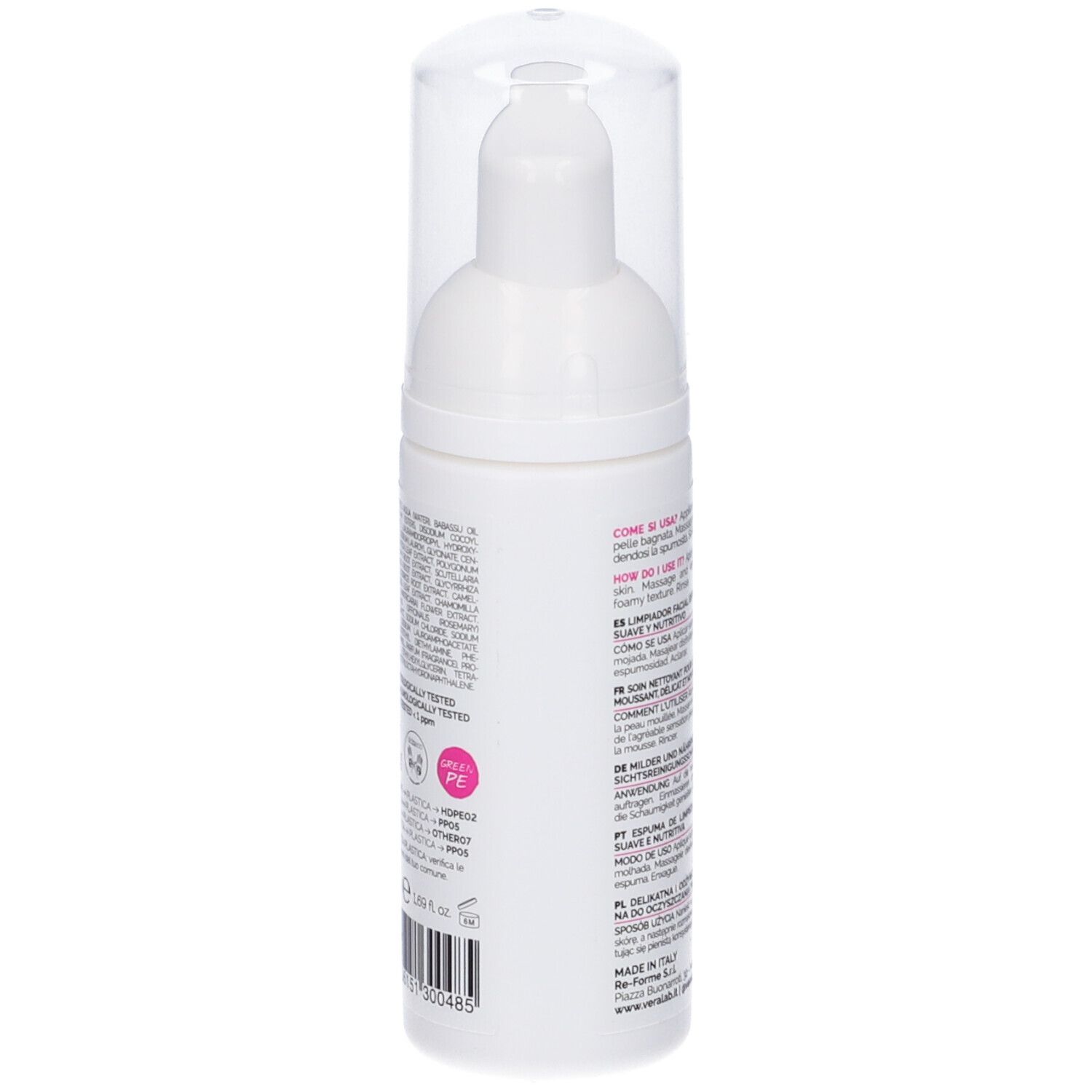 Dispenser bianco con testo. Scritta rosa: Spumone. Testo in più lingue. Marchio: Veralab. Iscrizione: Come si usa, How to use, etc.