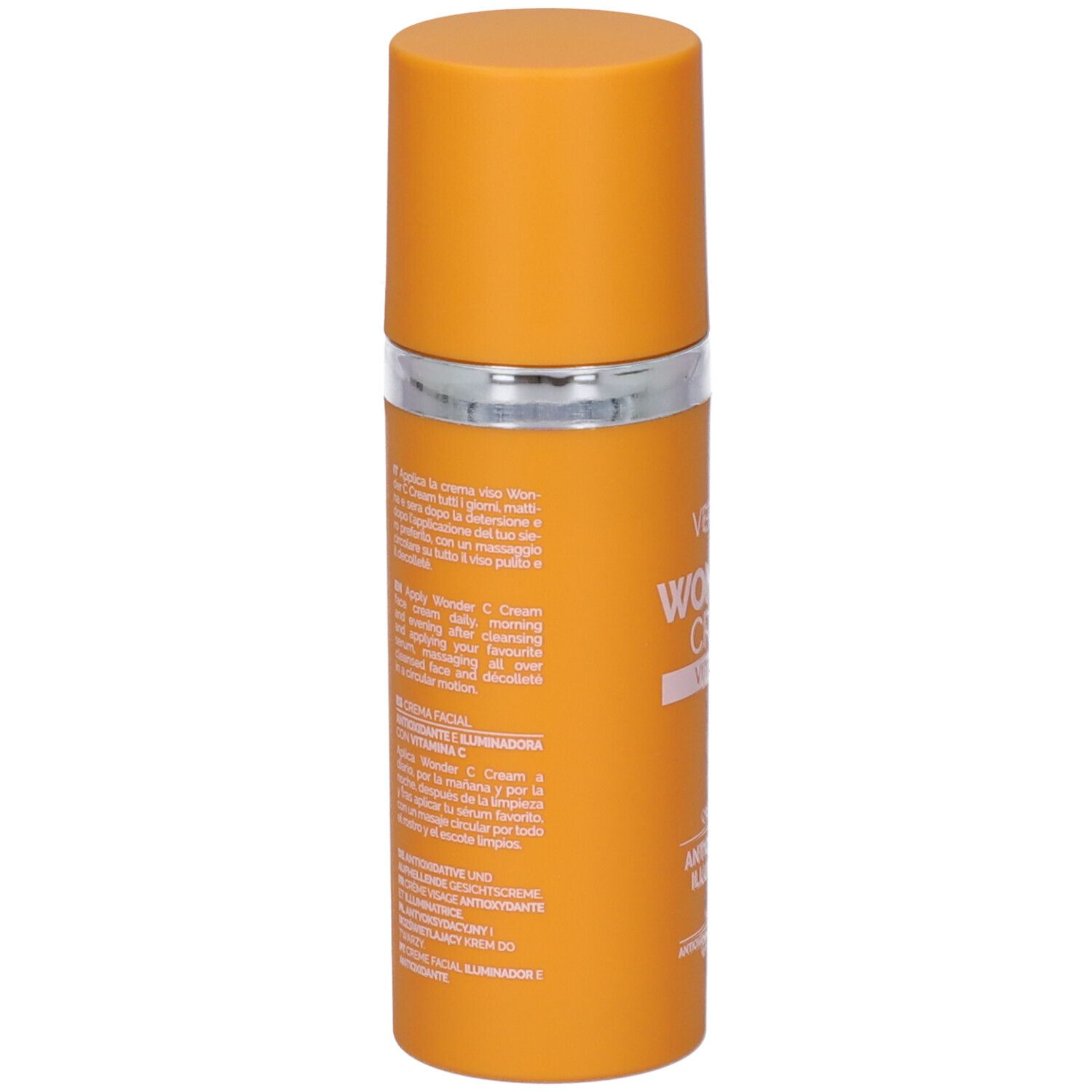 Flacone arancione con anello e tappo argentati. Testo sul retro: VERALAB WONDER C CREAM. Ingredienti e istruzioni per l'uso.