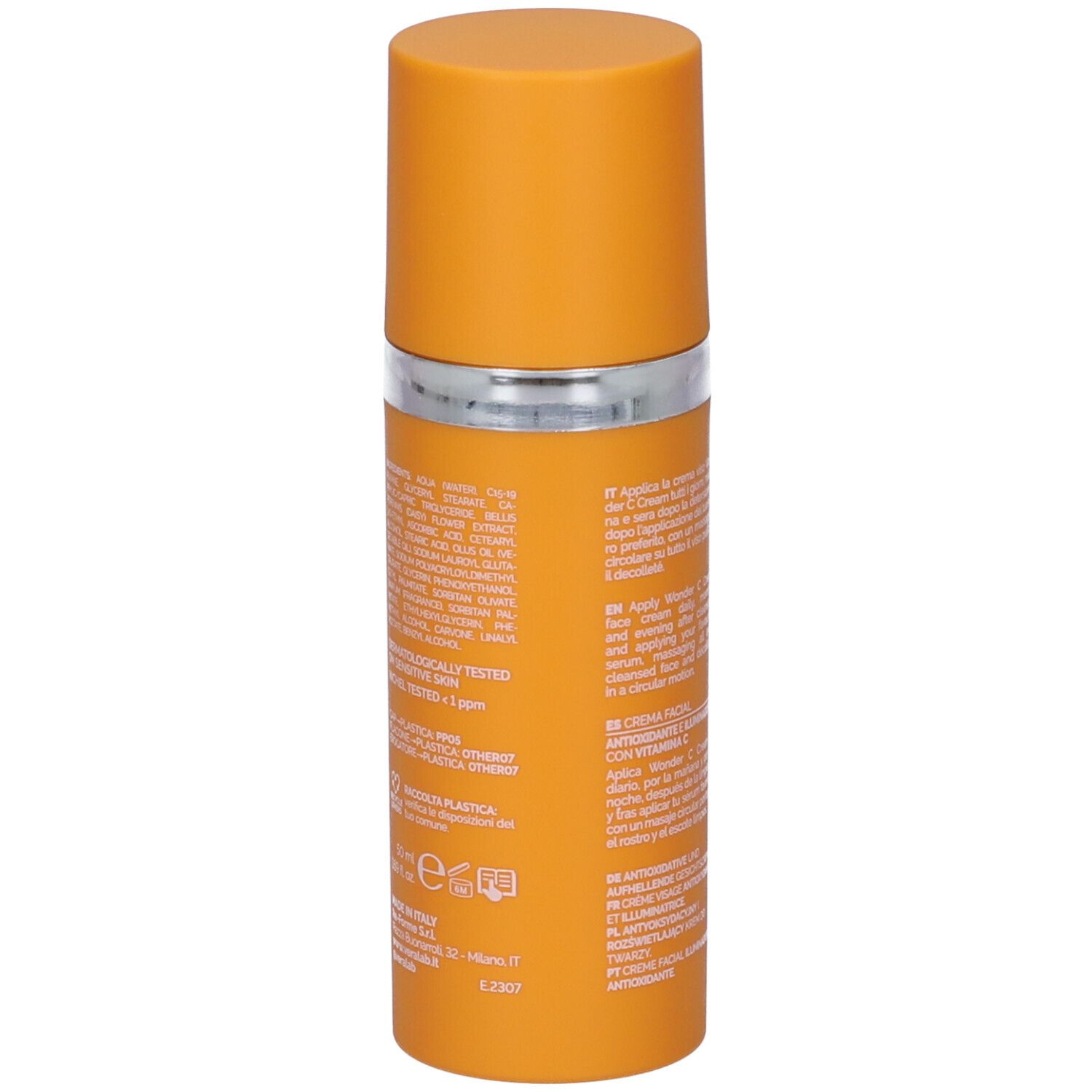 Flacone arancione con anello e tappo argentati. Retro con testo: ingredienti, istruzioni per l'uso e certificazioni.