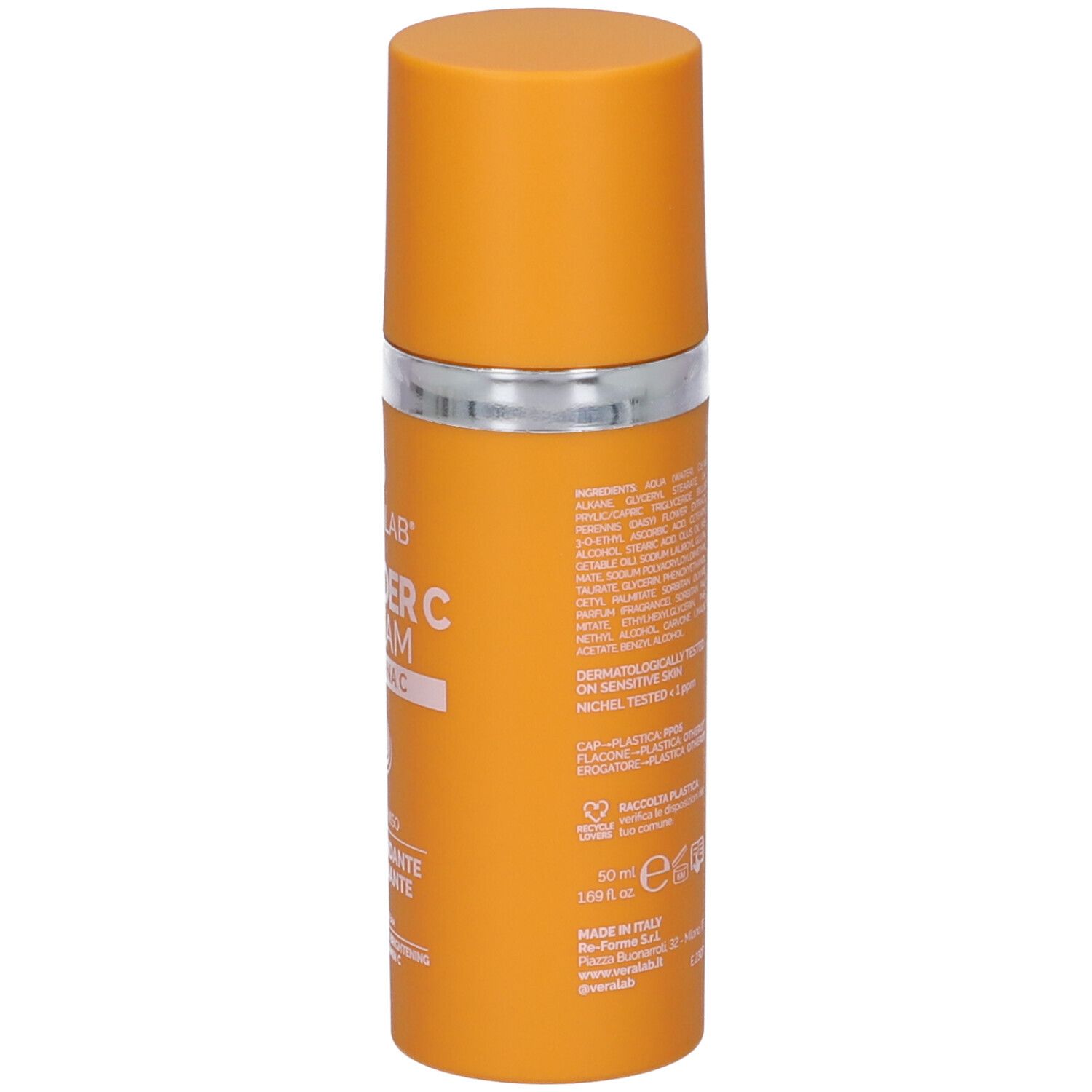 Flacone arancione con anello e tappo argentati. Testo: VERALAB WONDER C CREAM VITAMINA C. Scritta: 50 ml.