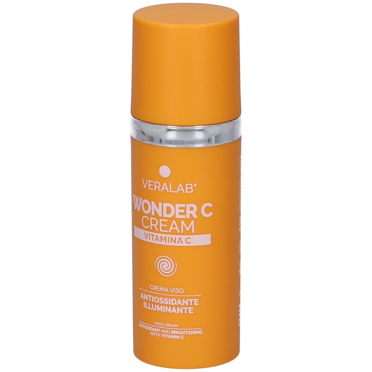 Flacone arancione con anello e tappo argentati. Scritta: VERALAB WONDER C CREAM VITAMINA C. Testo: CREMA VISO, ANTIOXIDANTE ILLUMINANTE.