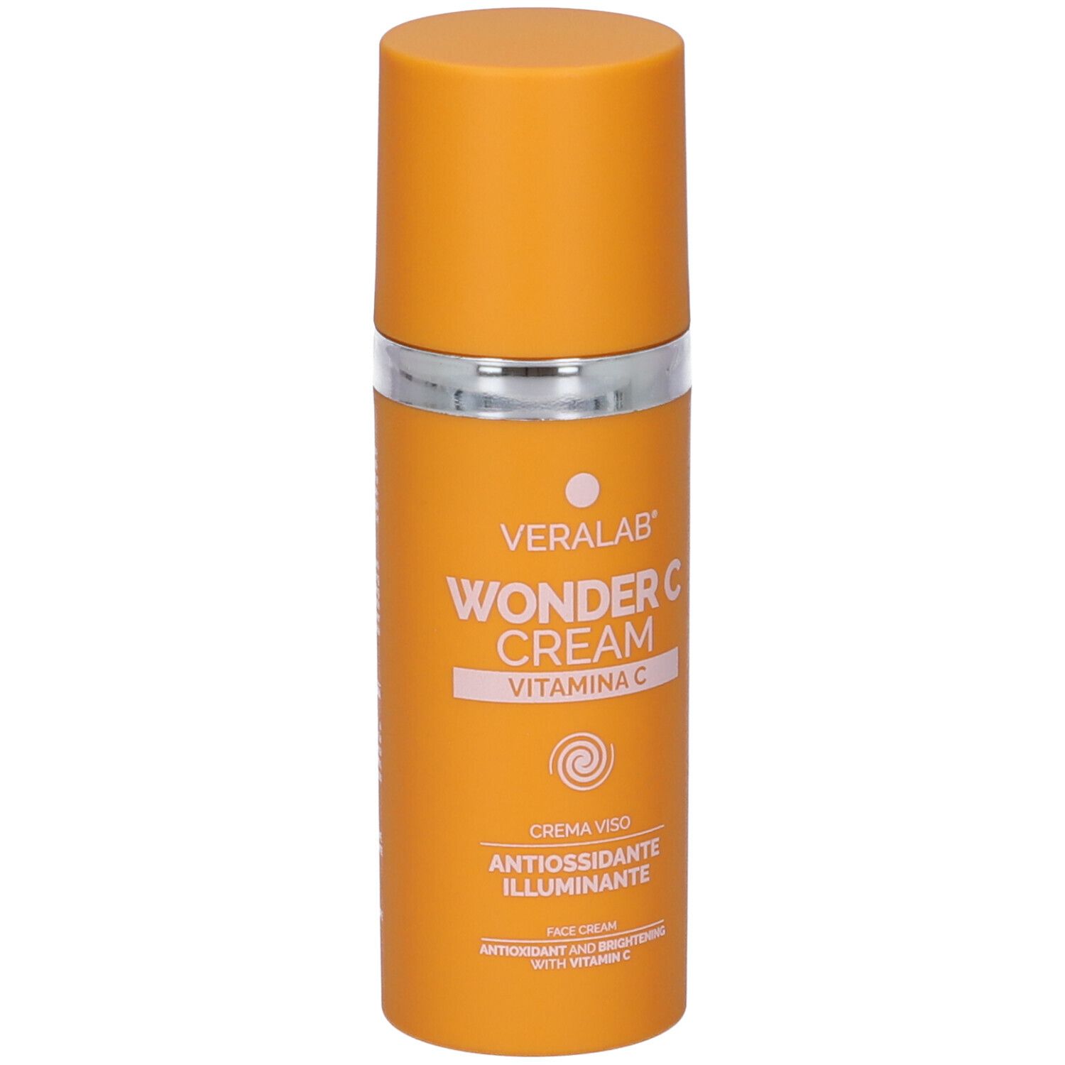 Flacone arancione con anello e tappo argentati. Scritta: VERALAB WONDER C CREAM VITAMINA C. Testo: CREMA VISO, ANTIOXIDANTE ILLUMINANTE.
