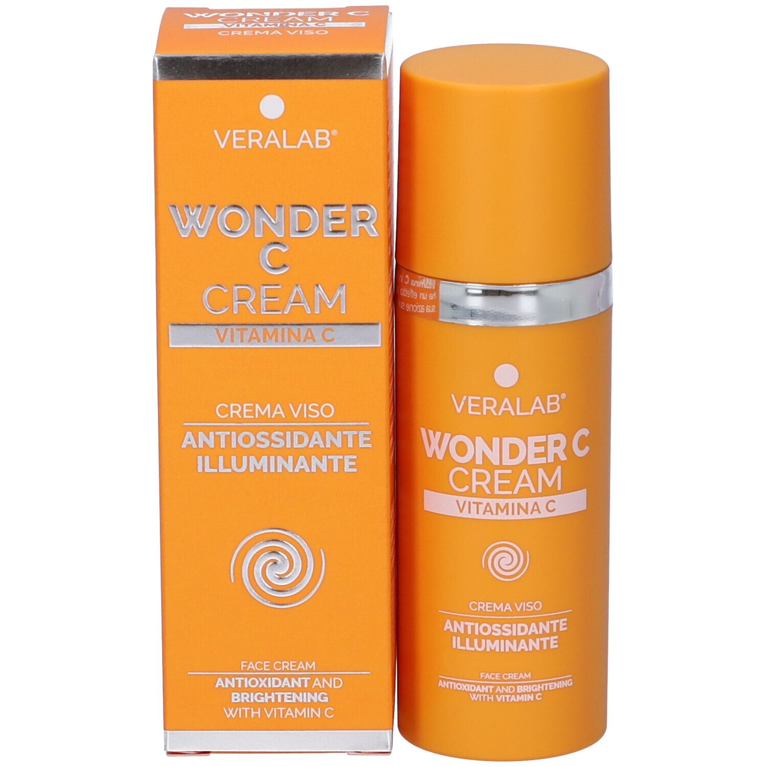 Scatola e flacone arancioni. Scritta: VERALAB WONDER C CREAM. Testo: CREMA VISO, ANTIOXIDANTE ILLUMINANTE. Flacone con tappo.
