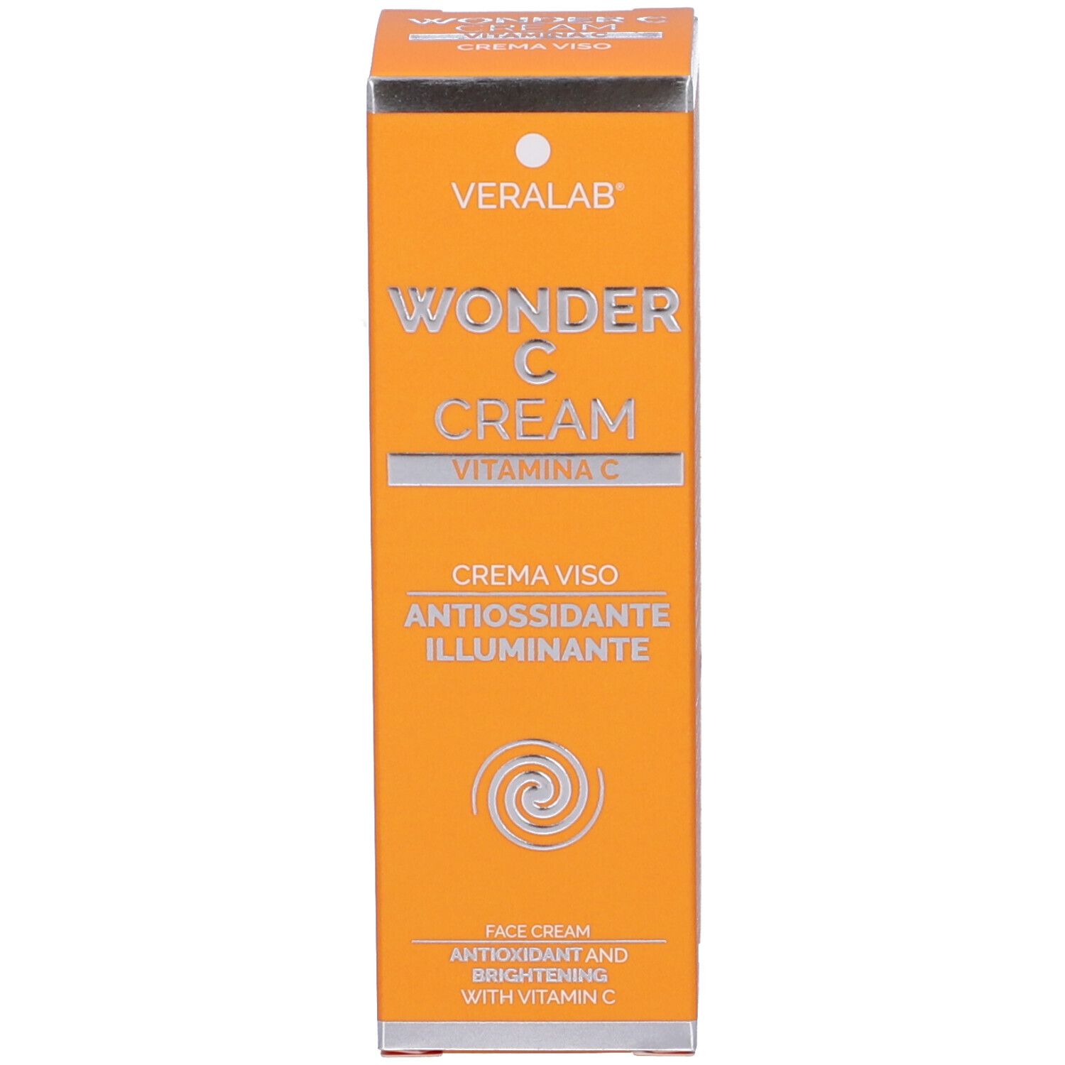 Scatola arancione. Scritta: VERALAB WONDER C CREAM. Testo: CREMA VISO, ANTIOXIDANTE ILLUMINANTE. Confezione del prodotto.