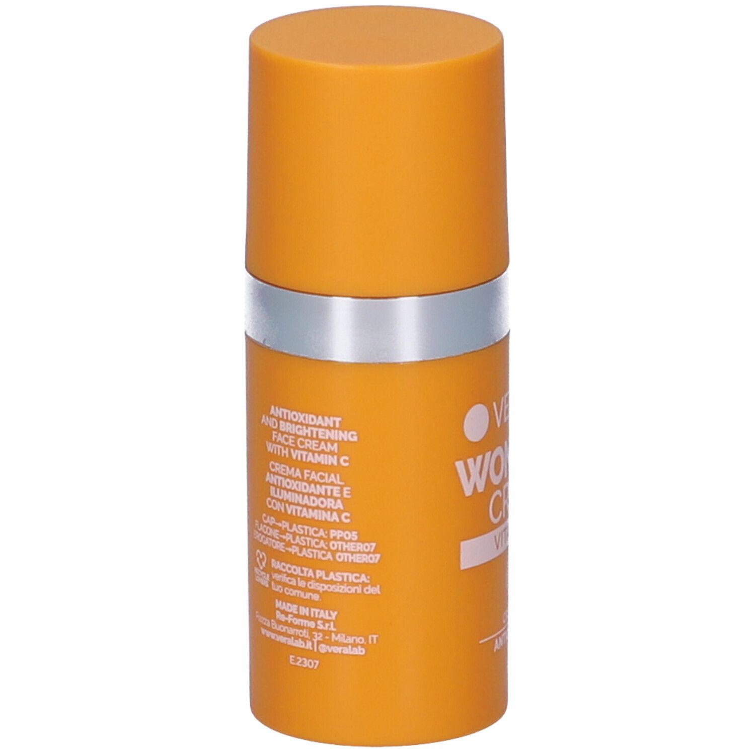 Tubo di crema arancione con anello argentato. Testo: Crema viso antiossidante e illuminante con vitamina C. Ingredienti.