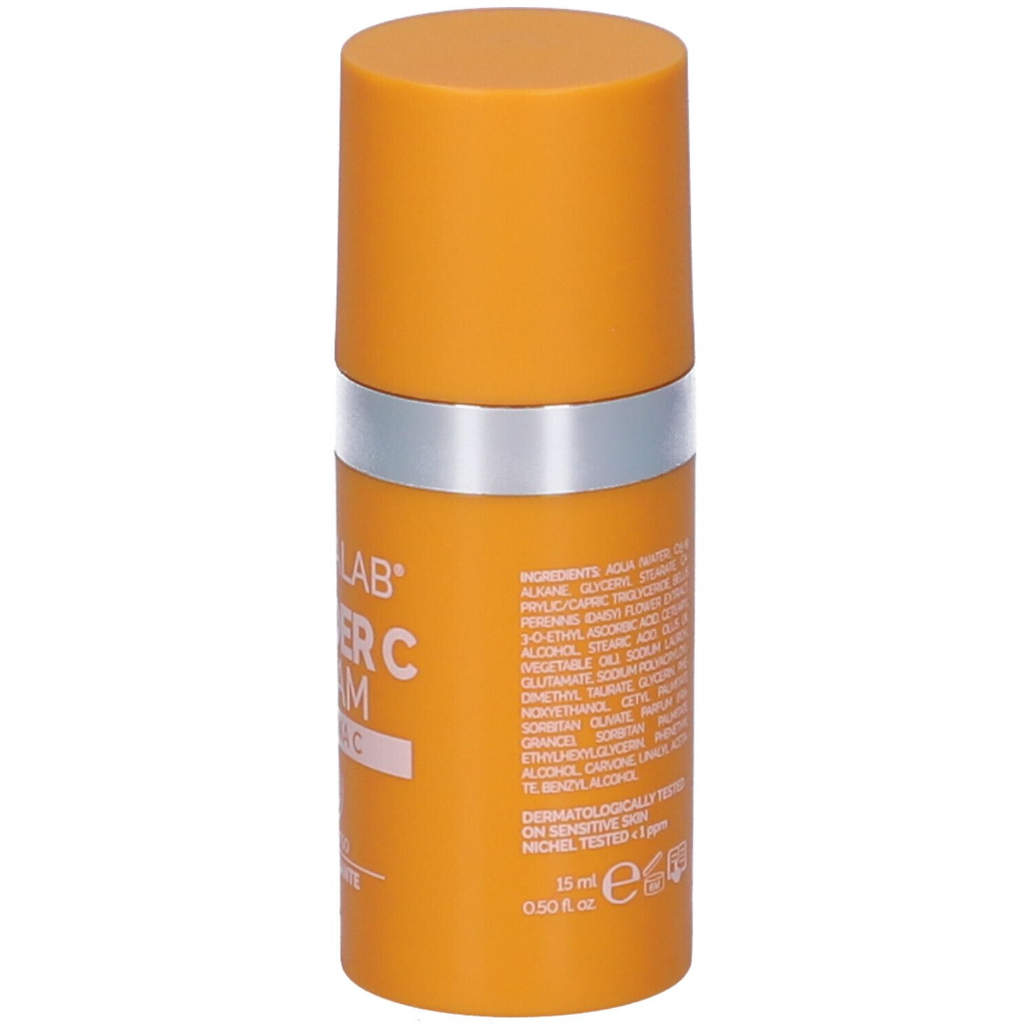 Tubo di crema arancione con anello argentato. Testo: Ingredienti, 15 ml, 0.50 fl. oz.