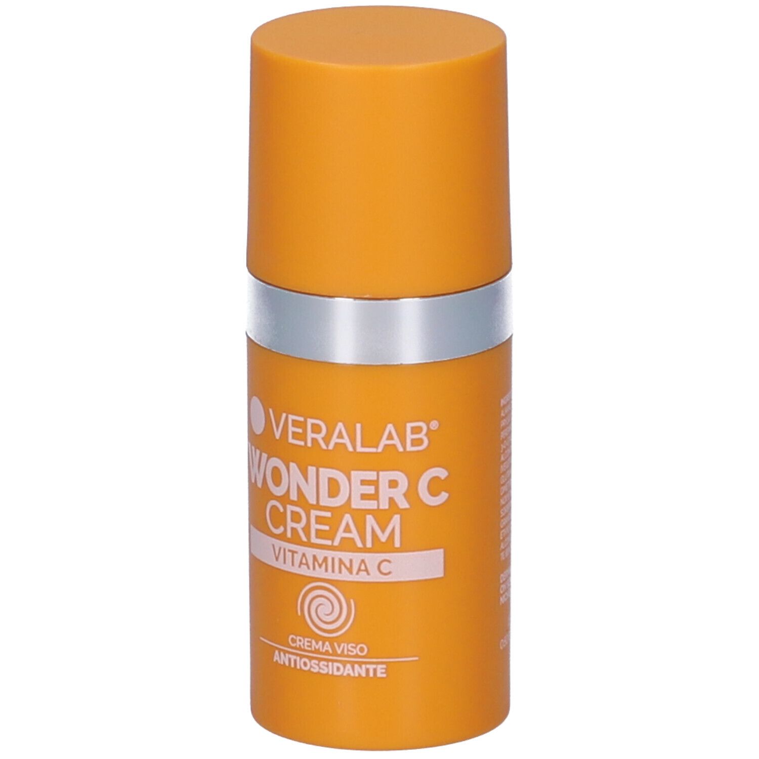Tubo di crema arancione con anello argentato. Testo: VERALAB WONDER C CREAM, Vitamina C. Crema viso antiossidante.