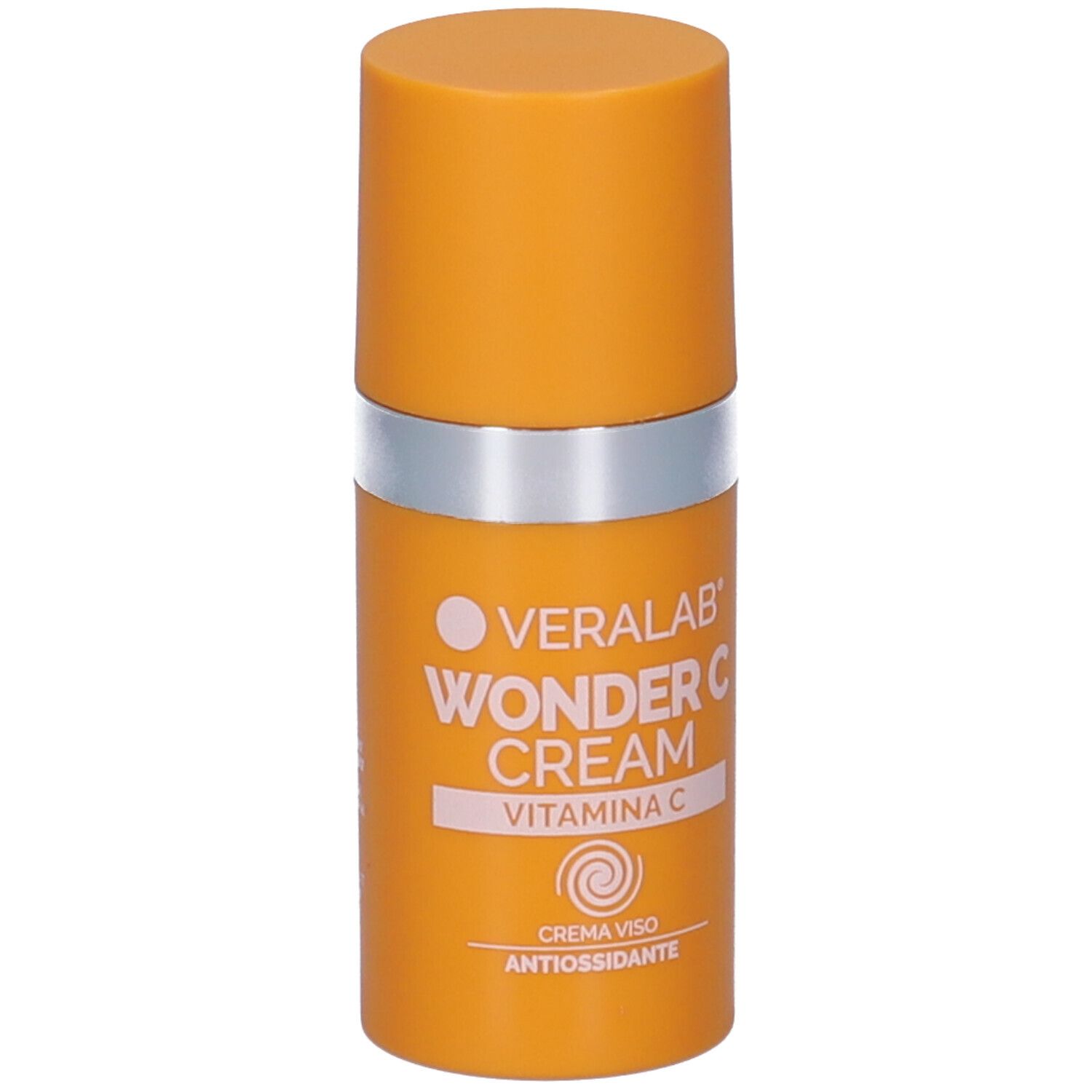 Tubo di crema arancione con anello argentato. Testo: VERALAB WONDER C CREAM, Vitamina C. Crema viso antiossidante.