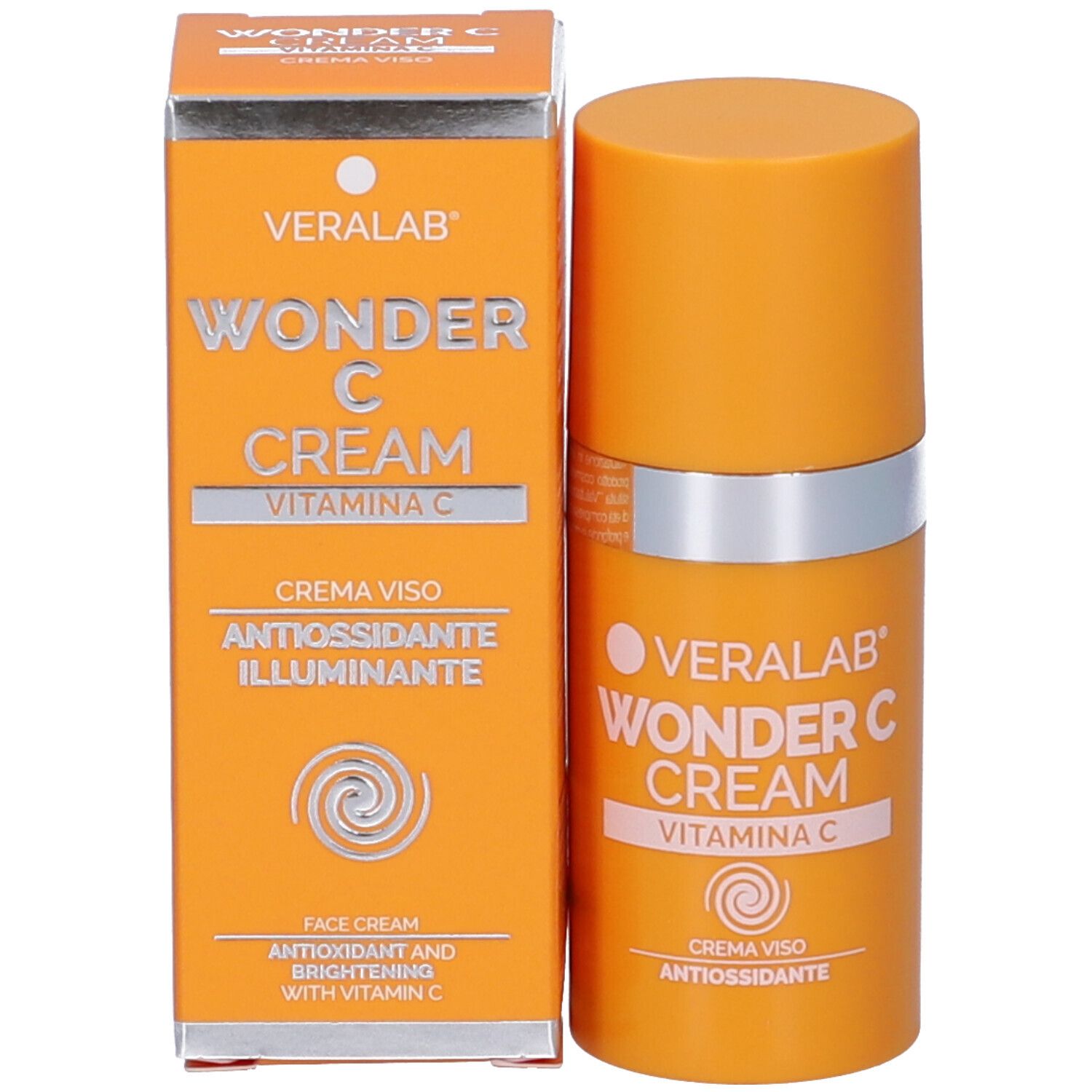 Scatola e tubo di crema arancione. Testo: VERALAB WONDER C CREAM, Vitamina C. Crema viso antiossidante.