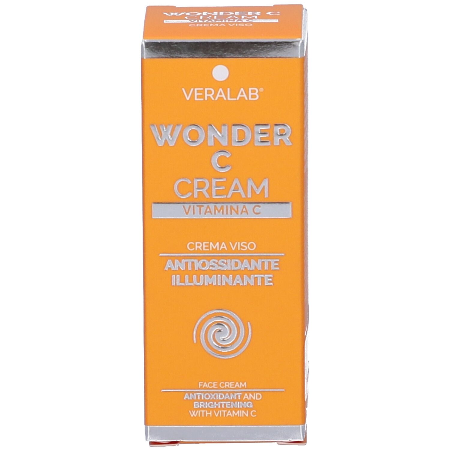 Scatola arancione. Testo: VERALAB WONDER C CREAM, Crema viso antiossidante illuminante.