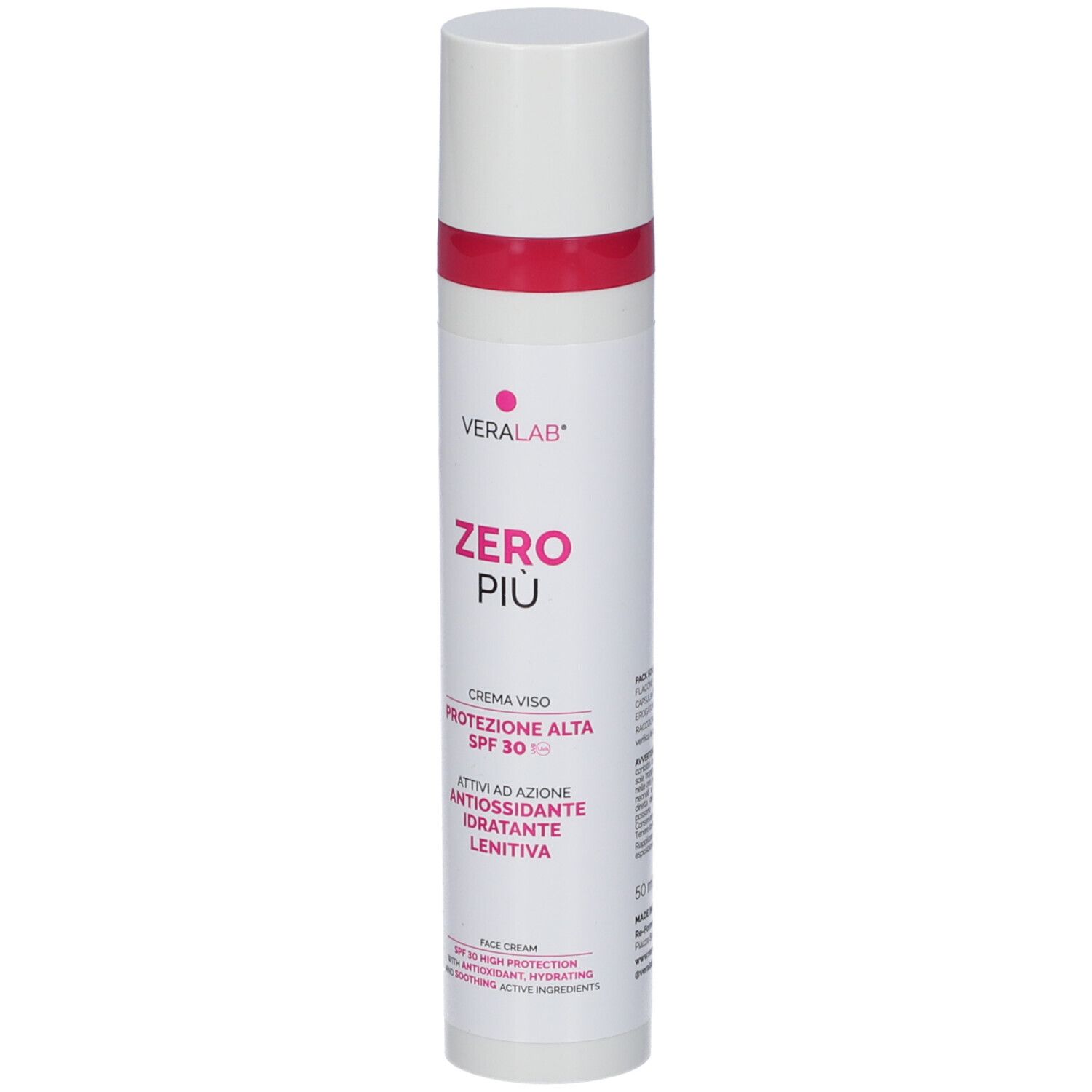 Tubo bianco-rosa. VERALAB ZERO PIU'. Crema Viso. SPF 30. Antiossidante, idratante, lenitiva. Face cream.