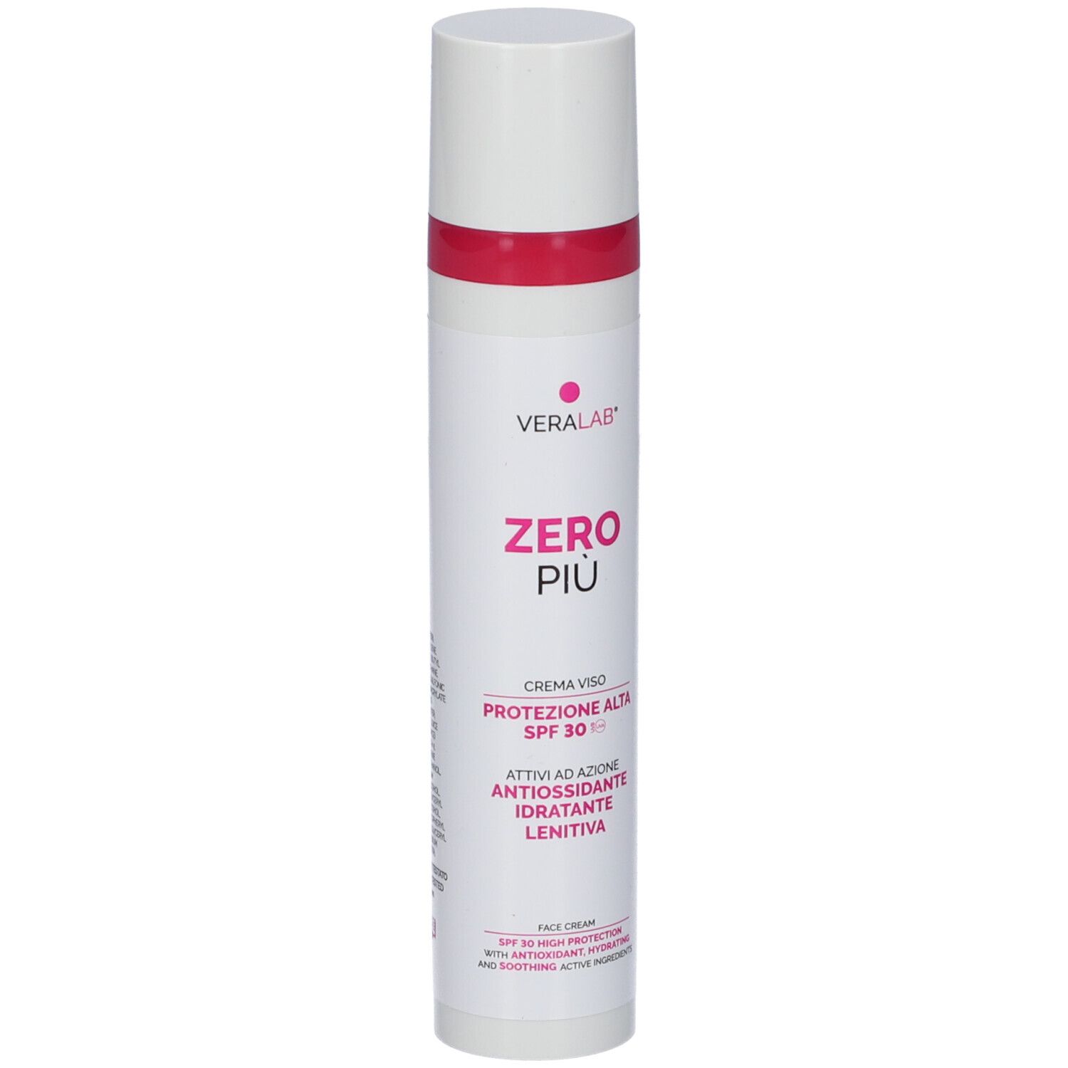 Tubo bianco-rosa. VERALAB ZERO PIU'. Crema Viso. SPF 30. Antiossidante, idratante, lenitiva. Face cream.