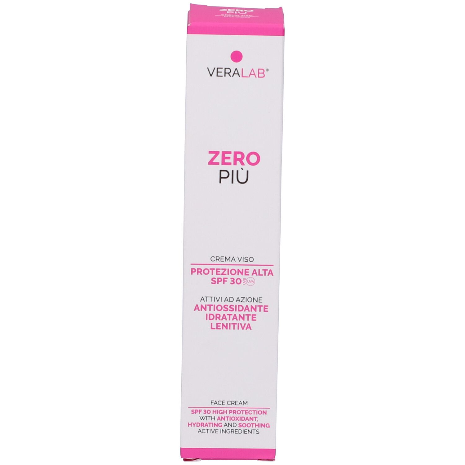 Confezione rosa. VERALAB ZERO PIU'. Crema Viso. SPF 30. Antiossidante, idratante, lenitiva. Face cream.