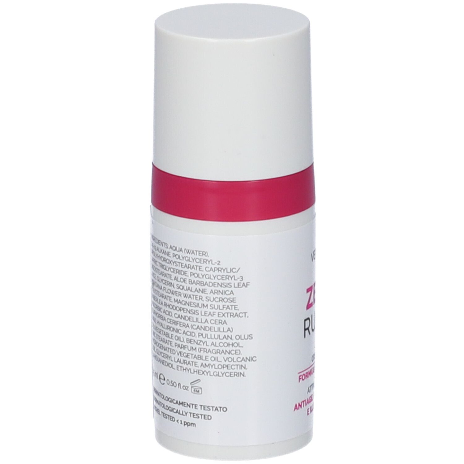 Retro del flacone. Scritta: Ingredienti. Testo: Dermatologicamente testato. Nickel tested <1ppm. Flacone con tappo bianco e anello rosa.