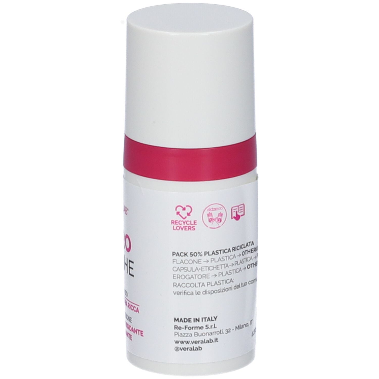 Retro del flacone. Testo: Pack 50% plastica riciclata. Made in Italy. Flacone con tappo bianco e anello rosa.