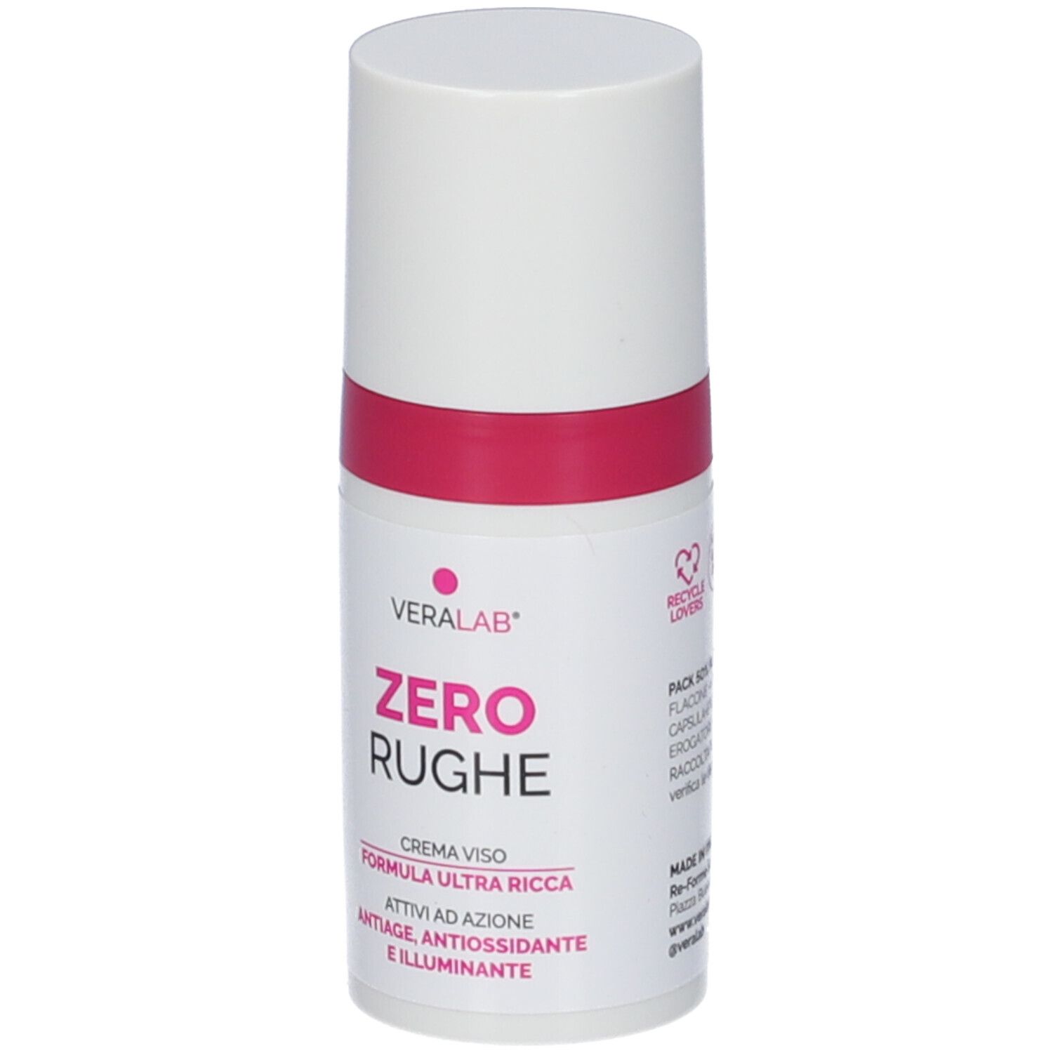 Flacone bianco e rosa. Scritta: VERALAB ZERO RUGHE. Testo: CREMA VISO, FORMULA ULTRA RICCA, ATTI AD AZIONE ANTIAGE, ANTIOXIDANTE E ILLUMINANTE.
