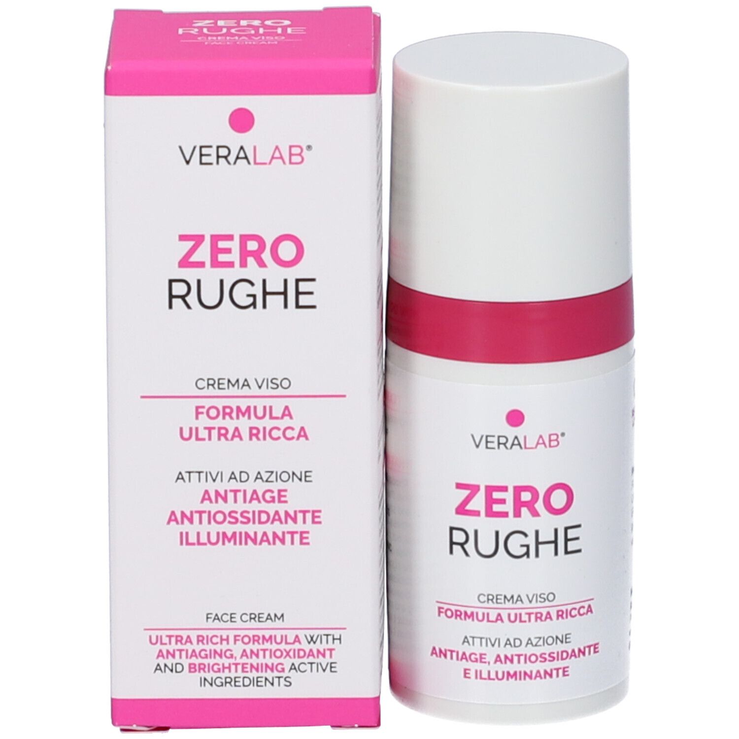 Confezione e flacone. Scritta: VERALAB ZERO RUGHE. Testo: CREMA VISO, FORMULA ULTRA RICCA, ATTI AD AZIONE ANTIAGE, ANTIOXIDANTE E ILLUMINANTE.