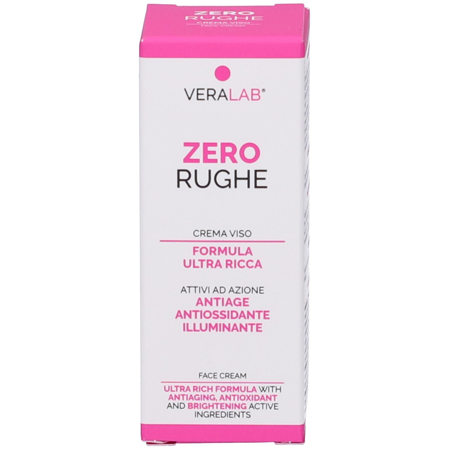 Confezione del prodotto. Scritta: VERALAB ZERO RUGHE. Testo: CREMA VISO, FORMULA ULTRA RICCA, ATTI AD AZIONE ANTIAGE, ANTIOXIDANTE E ILLUMINANTE.