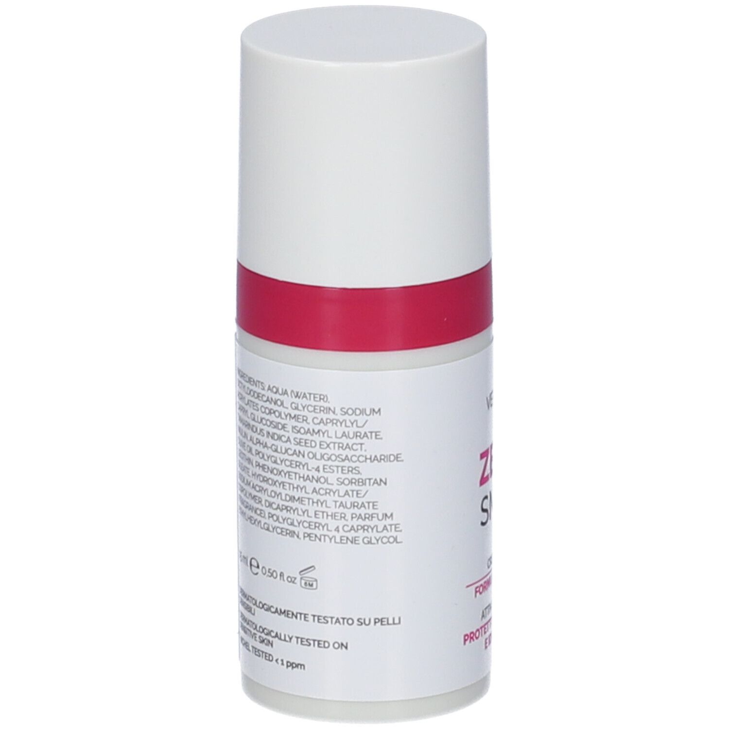 Retro del flacone. Ingredienti e testo stampati. Flacone: bianco con fascia rosa. Tappo bianco.