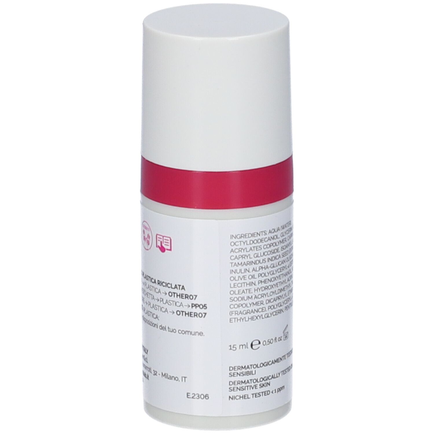 Retro del flacone. Informazioni stampate. Flacone: bianco con fascia rosa. Tappo bianco. 15 ml. Dermatologicamente testato.