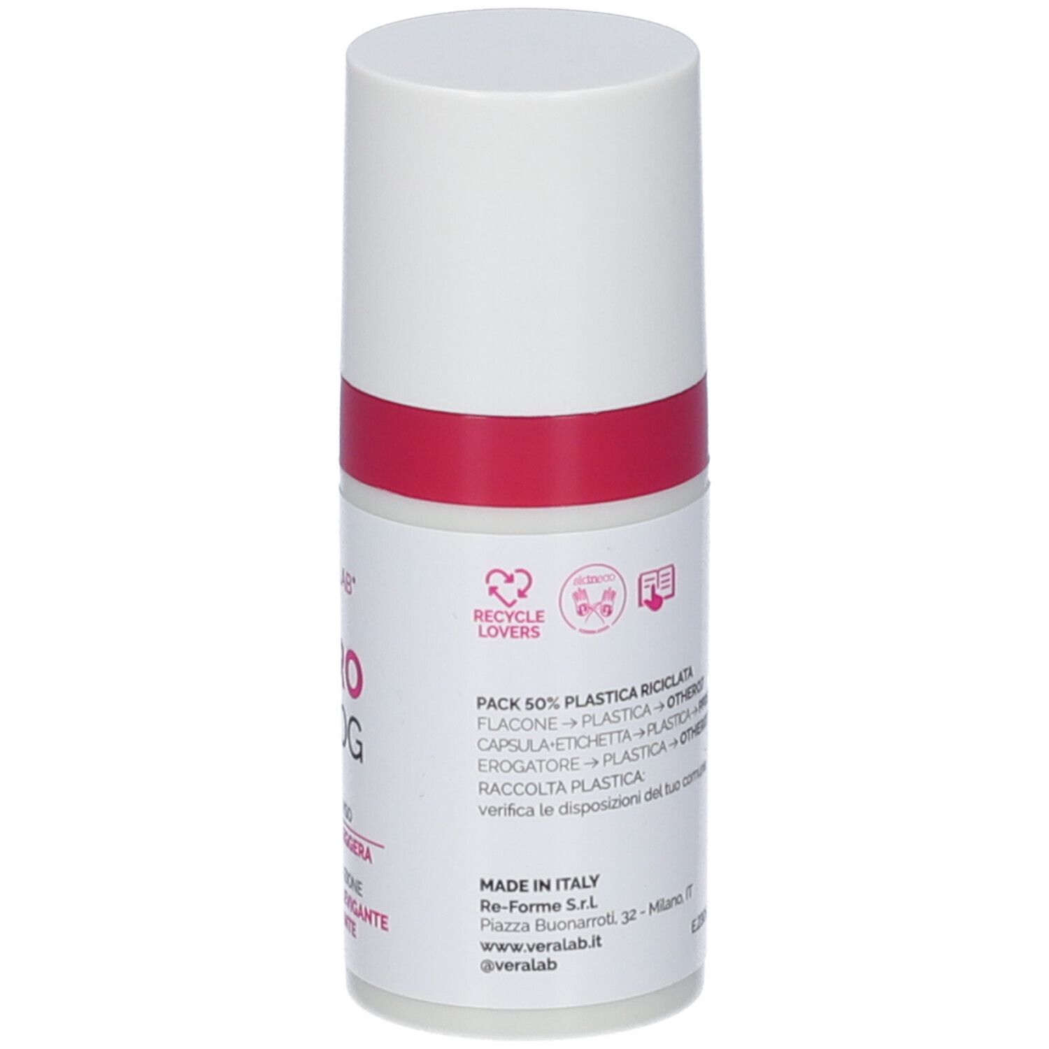 Retro del flacone. Informazioni stampate. Flacone: bianco con fascia rosa. Tappo bianco. Logo: Recycle Lovers. Made in Italy.