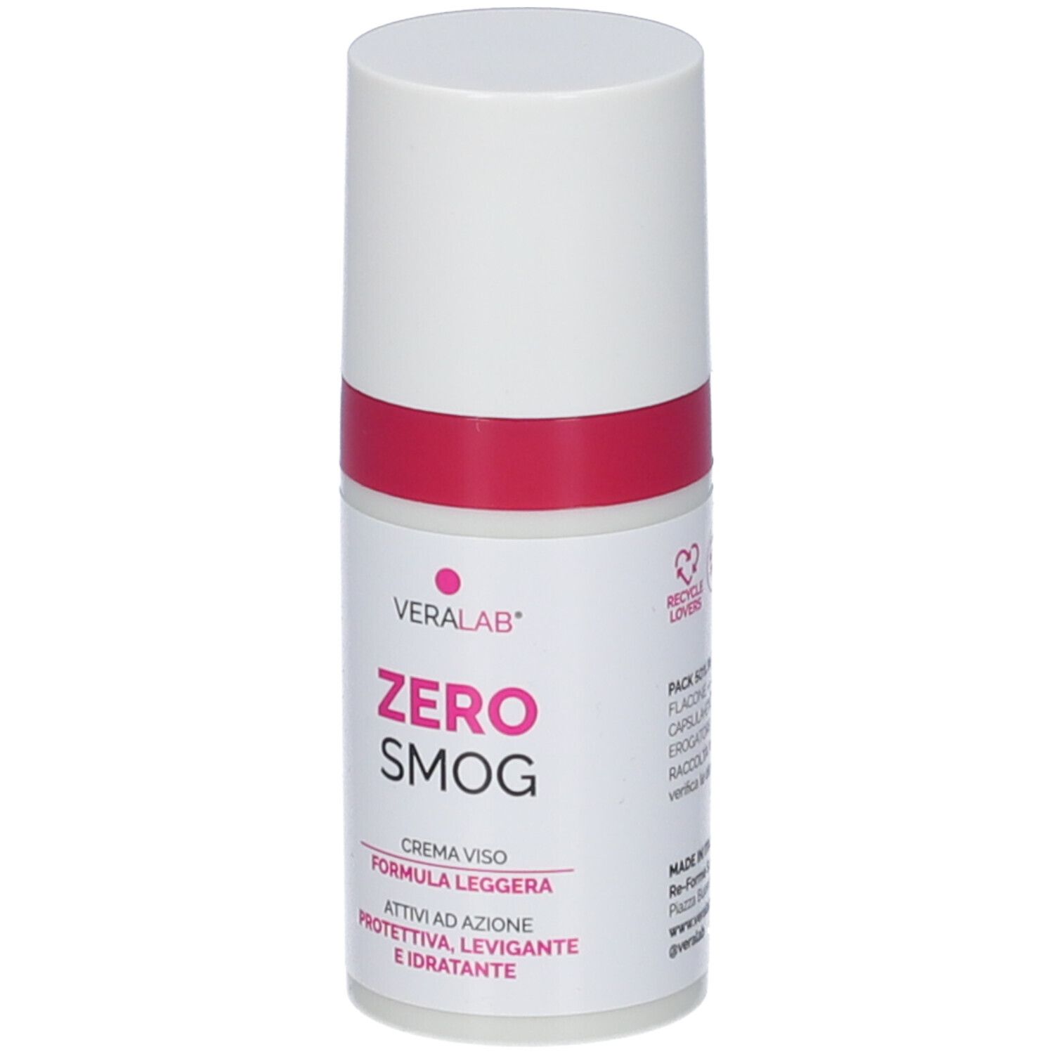 Flacone bianco-rosa con tappo bianco. Scritta: VERALAB ZERO SMOG. Testo: CREMA VISO, FORMULA LEGGERA, ATTIVI AD AZIONE PROTETTIVA, LEVIGANTE E IDRATANTE.