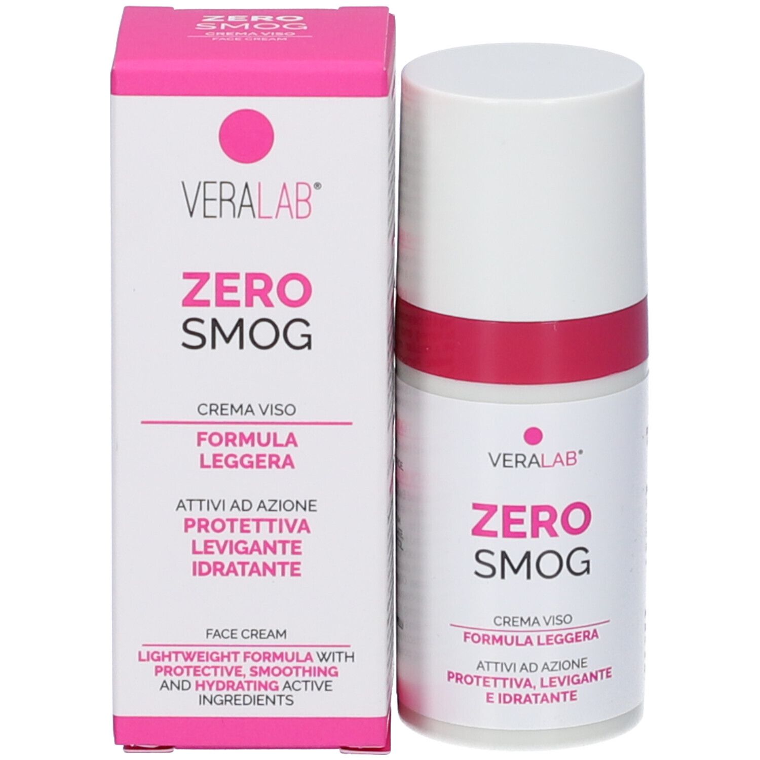 Confezione e flacone del prodotto. Confezione: rosa e bianca. Scritta: VERALAB ZERO SMOG. Testo: CREMA VISO, FORMULA LEGGERA, ATTIVI AD AZIONE PROTETTIVA, LEVIGANTE E IDRATANTE.
