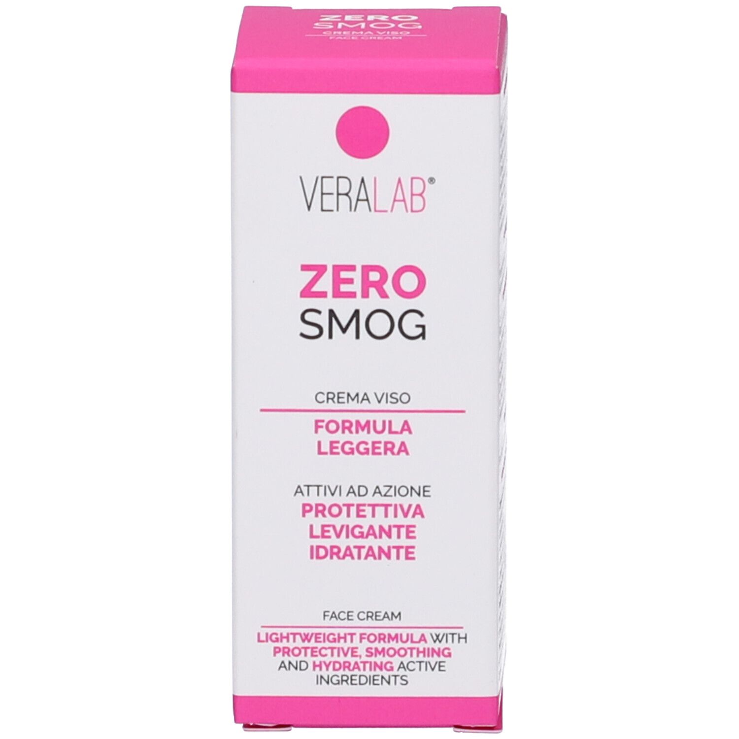 Confezione del prodotto. Rosa e bianca. Scritta: VERALAB ZERO SMOG. Testo: CREMA VISO, FORMULA LEGGERA, ATTIVI AD AZIONE PROTETTIVA, LEVIGANTE E IDRATANTE.