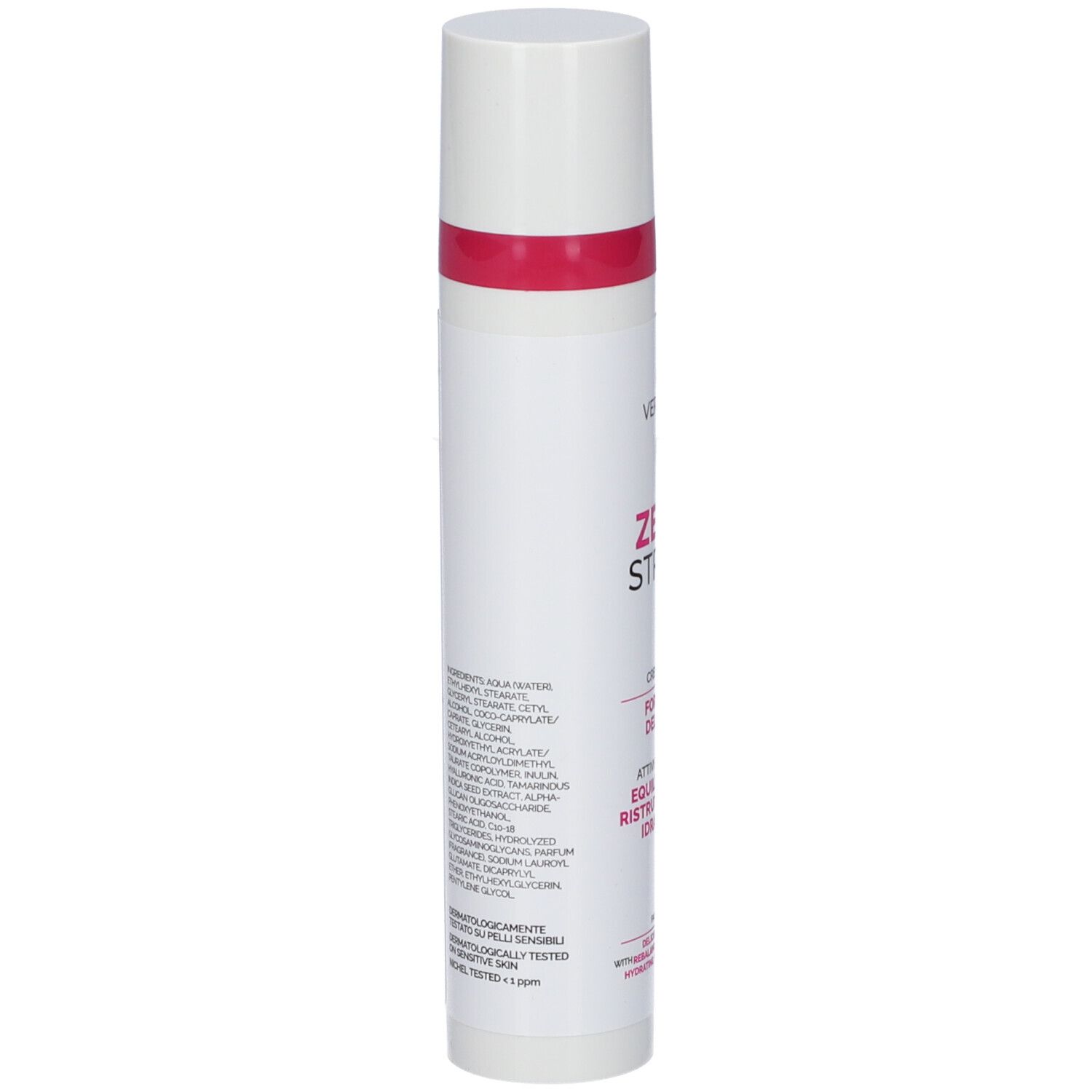 Tubo bianco con elenco ingredienti. Striscia e tappo rosa. Testo: "ZERO STRESS".