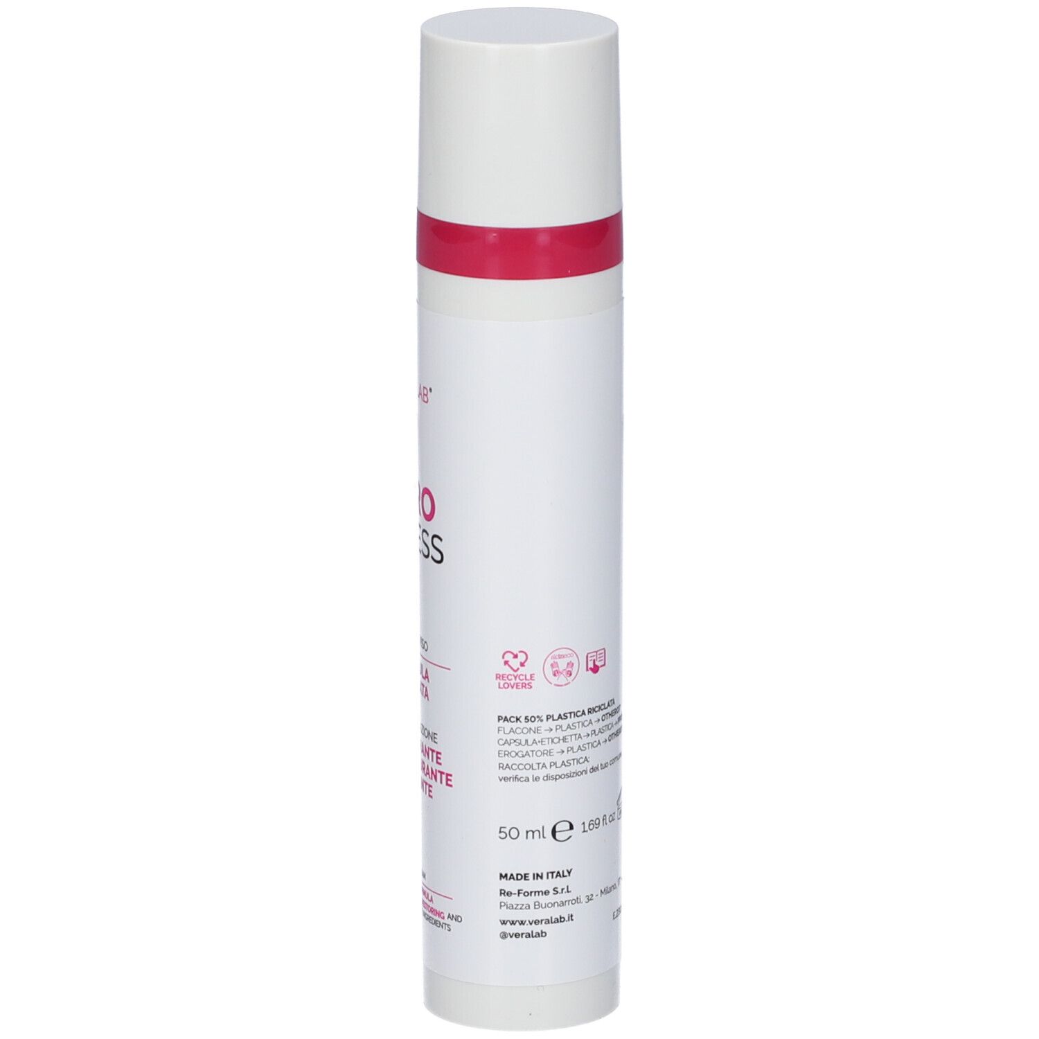 Tubo bianco con striscia e tappo rosa. Testo: "ZERO STRESS", "50 ml". Simboli riciclo.