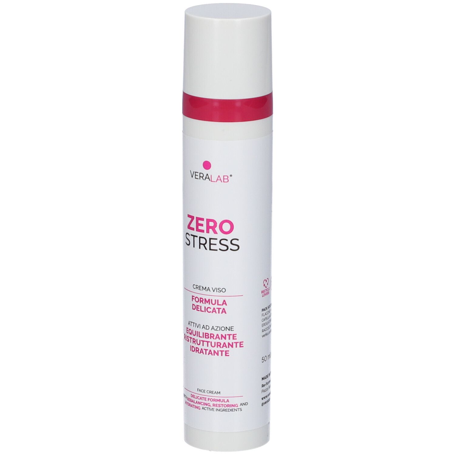Tubo bianco con striscia e tappo rosa. Testo: "ZERO STRESS", "CREMA VISO".