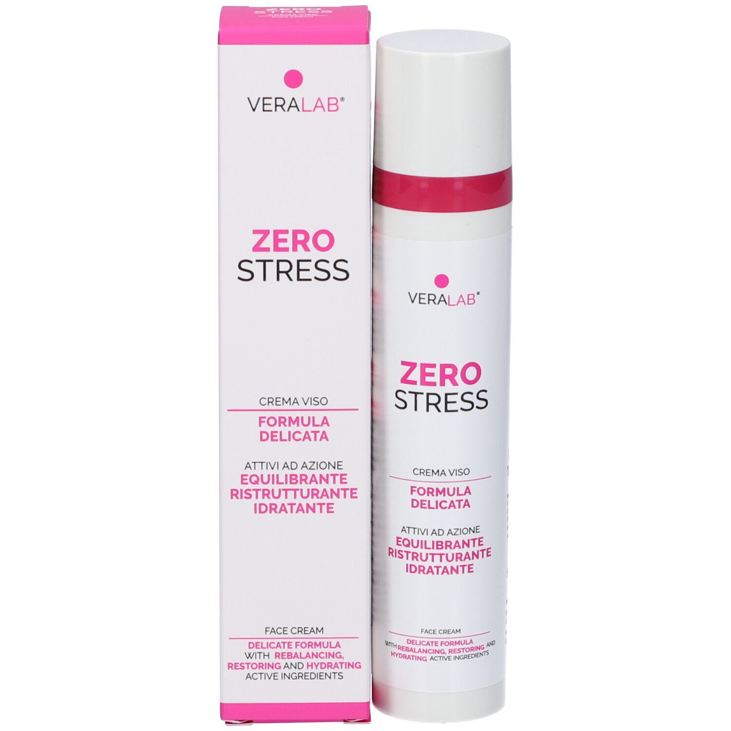 Confezione prodotto con tubo e scatola. Testo: "ZERO STRESS", "CREMA VISO".