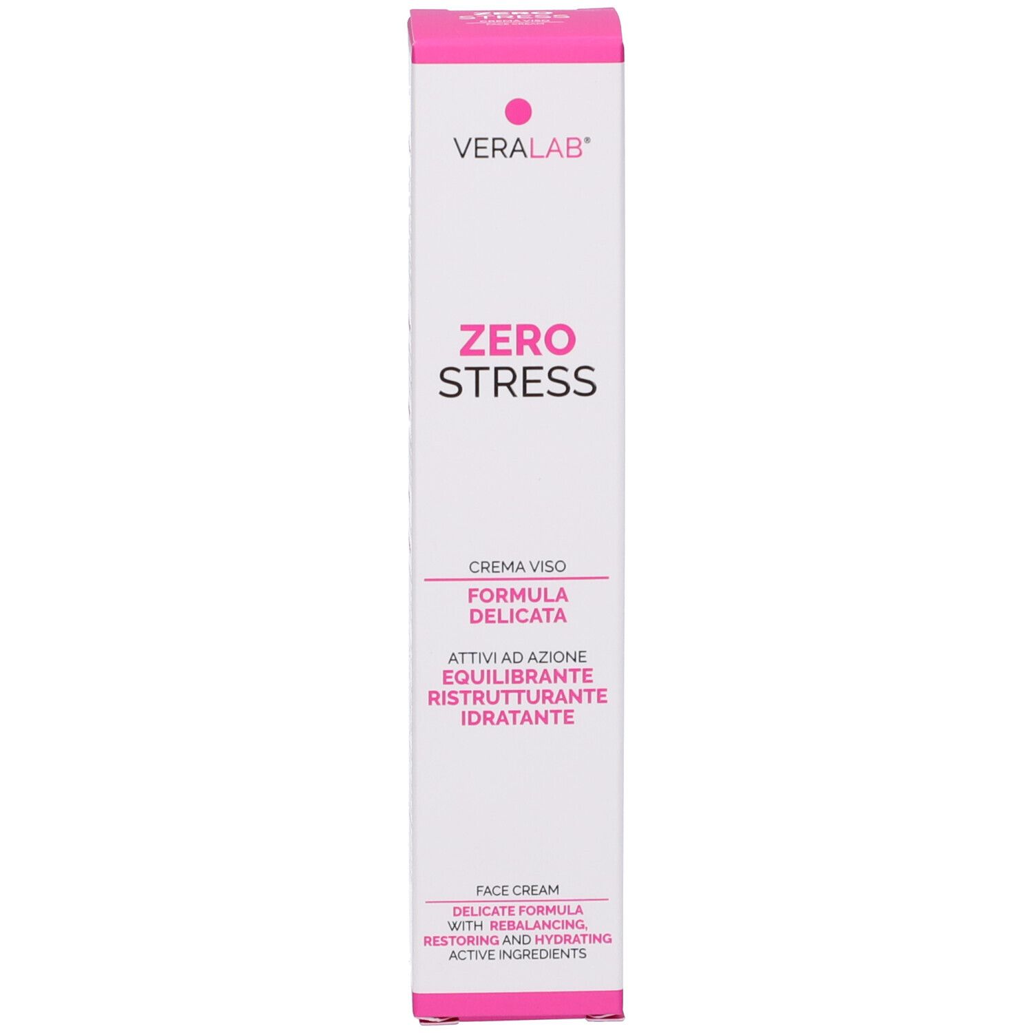 Scatola con scritta "ZERO STRESS". Testo: "CREMA VISO", "FORMULA DELICATA".
