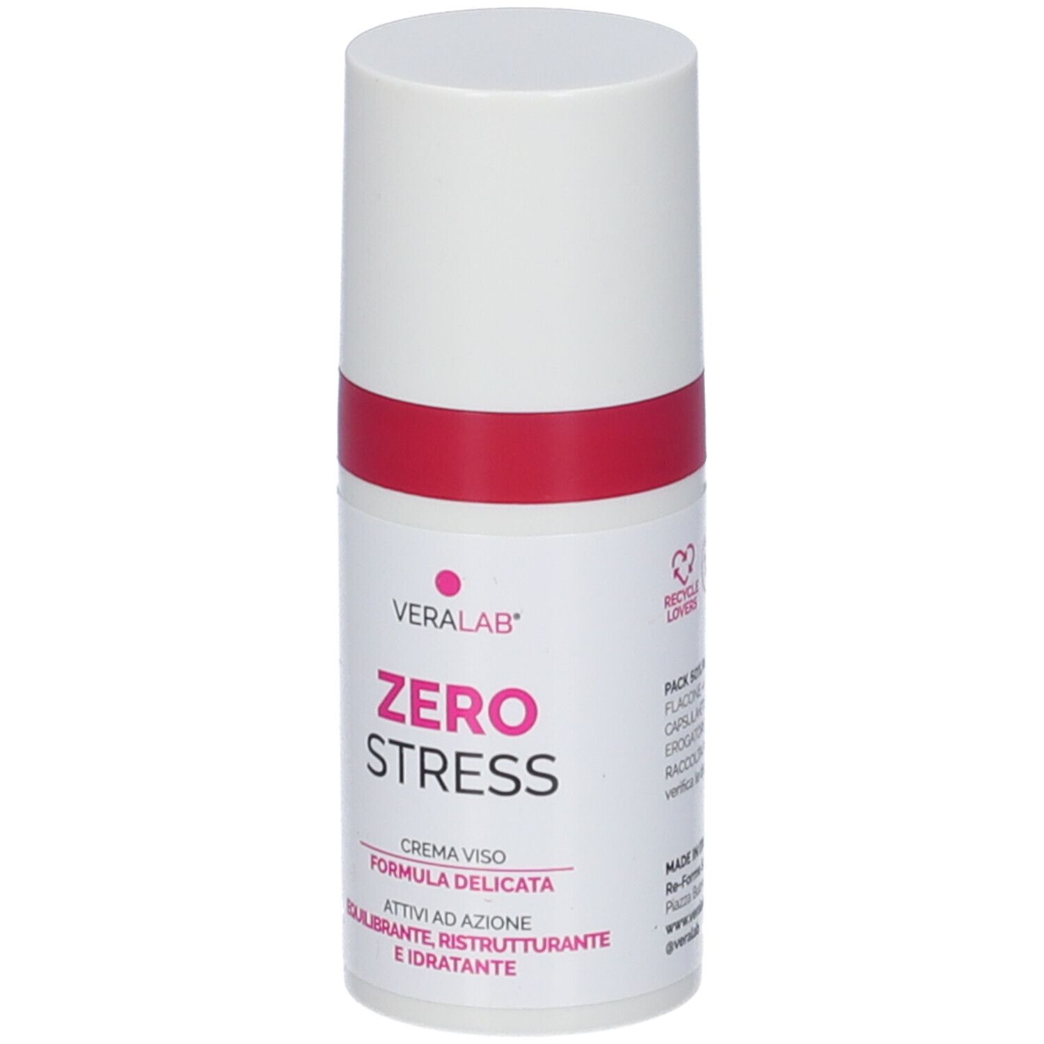 Flacone cilindrico bianco, fascia rossa. Scritta: Veralab Zero Stress, Crema Viso. Punto rosa.