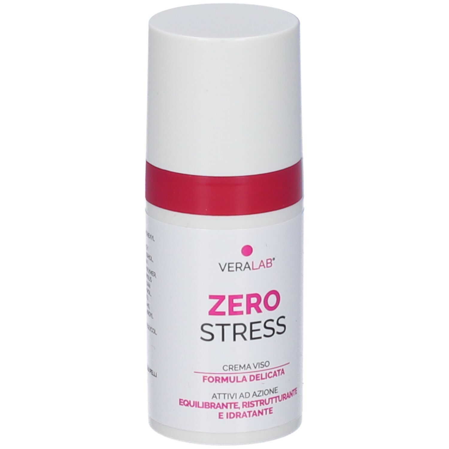 Flacone cilindrico bianco, fascia rossa. Scritta: Veralab Zero Stress, Crema Viso. Punto rosa.