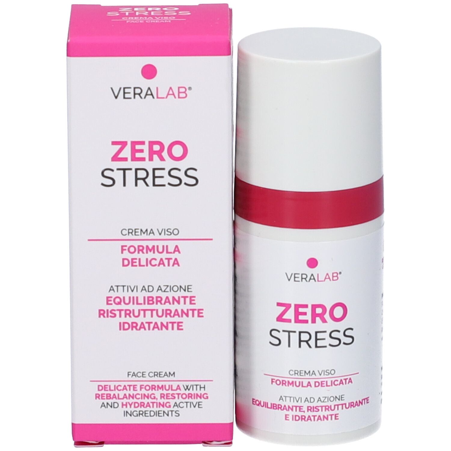 Confezione e flacone. Scatola rosa e flacone bianco con fascia rossa. Scritta: Zero Stress.