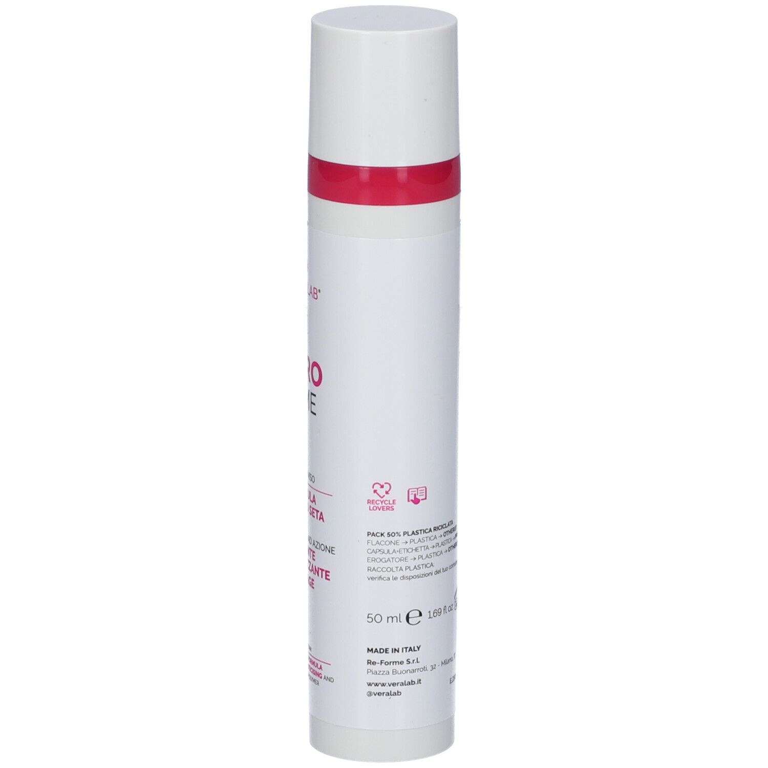 Tubo bianco-rosa con testo. Veralab Zero Time Crema Viso. 50 ml, Made in Italy, logo riciclo.