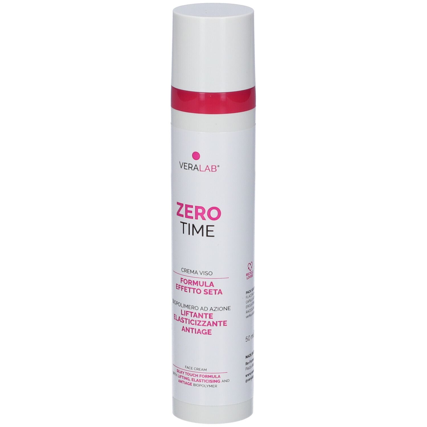 Tubo bianco-rosa con testo. Veralab Zero Time Crema Viso. Nome del prodotto e descrizione.