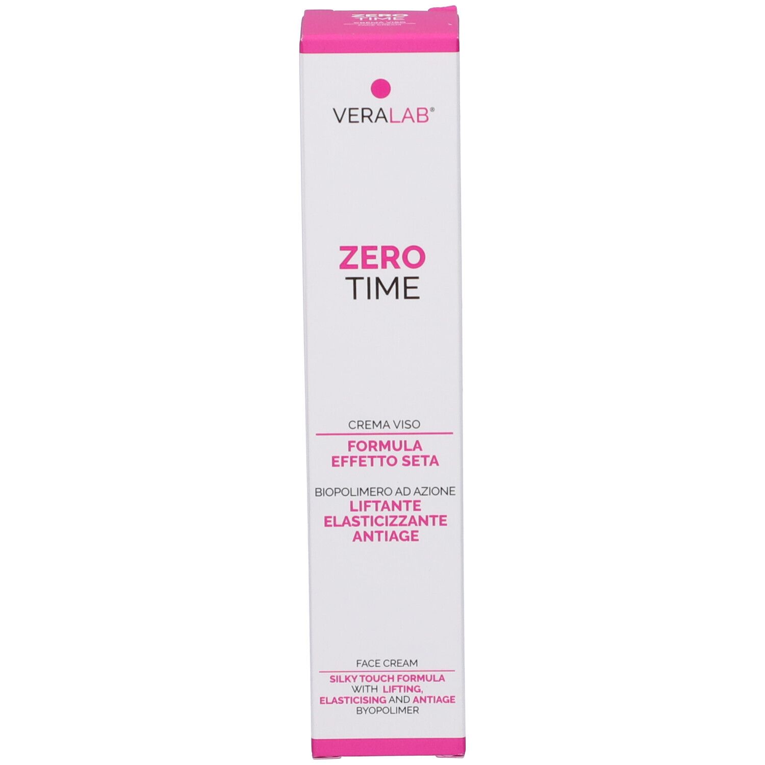 Confezione Veralab Zero Time Crema Viso. Scatola bianco-rosa. Nome del prodotto e descrizione.