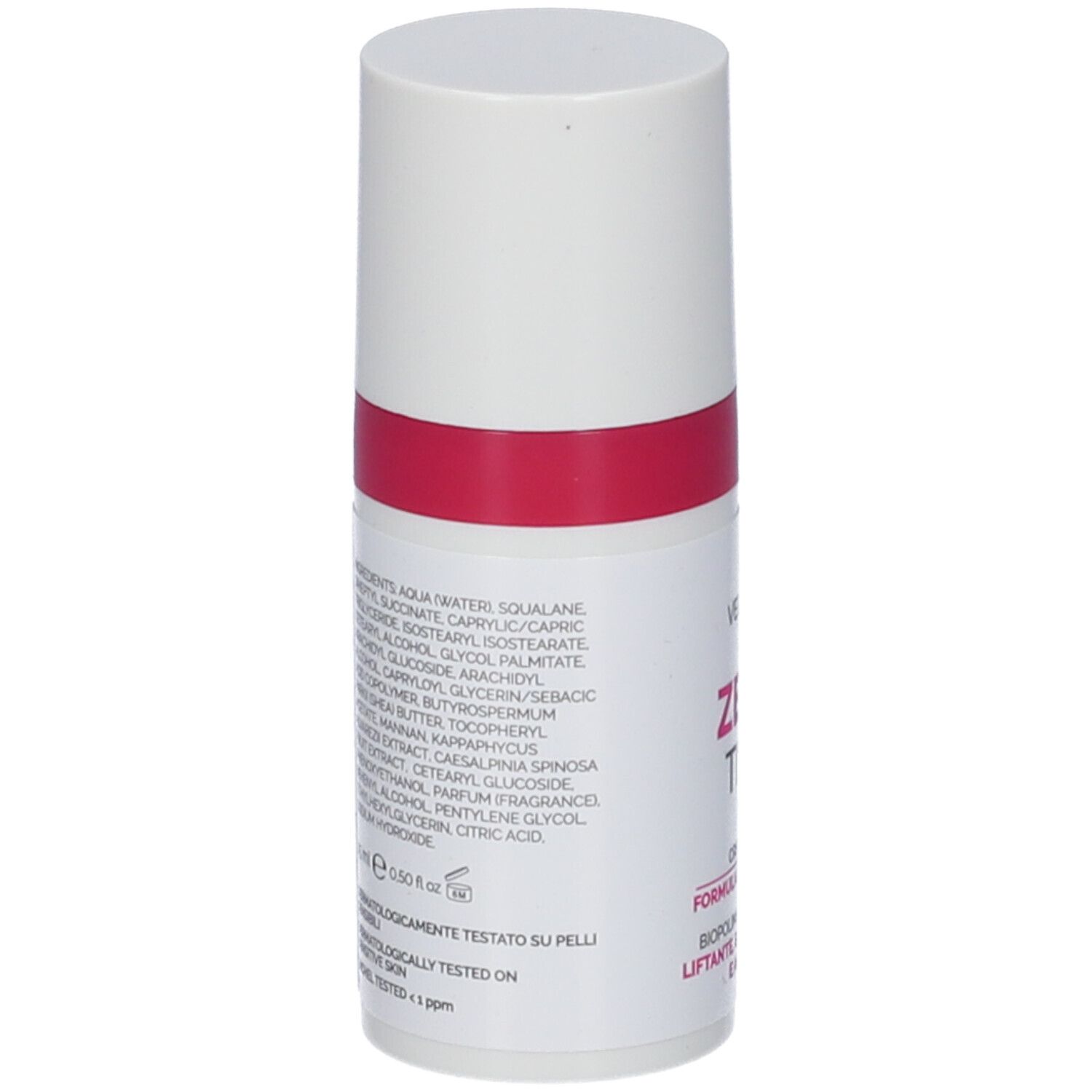 Flacone cilindrico bianco con fascia rosa. Retro con ingredienti e testo. Tappo bianco.