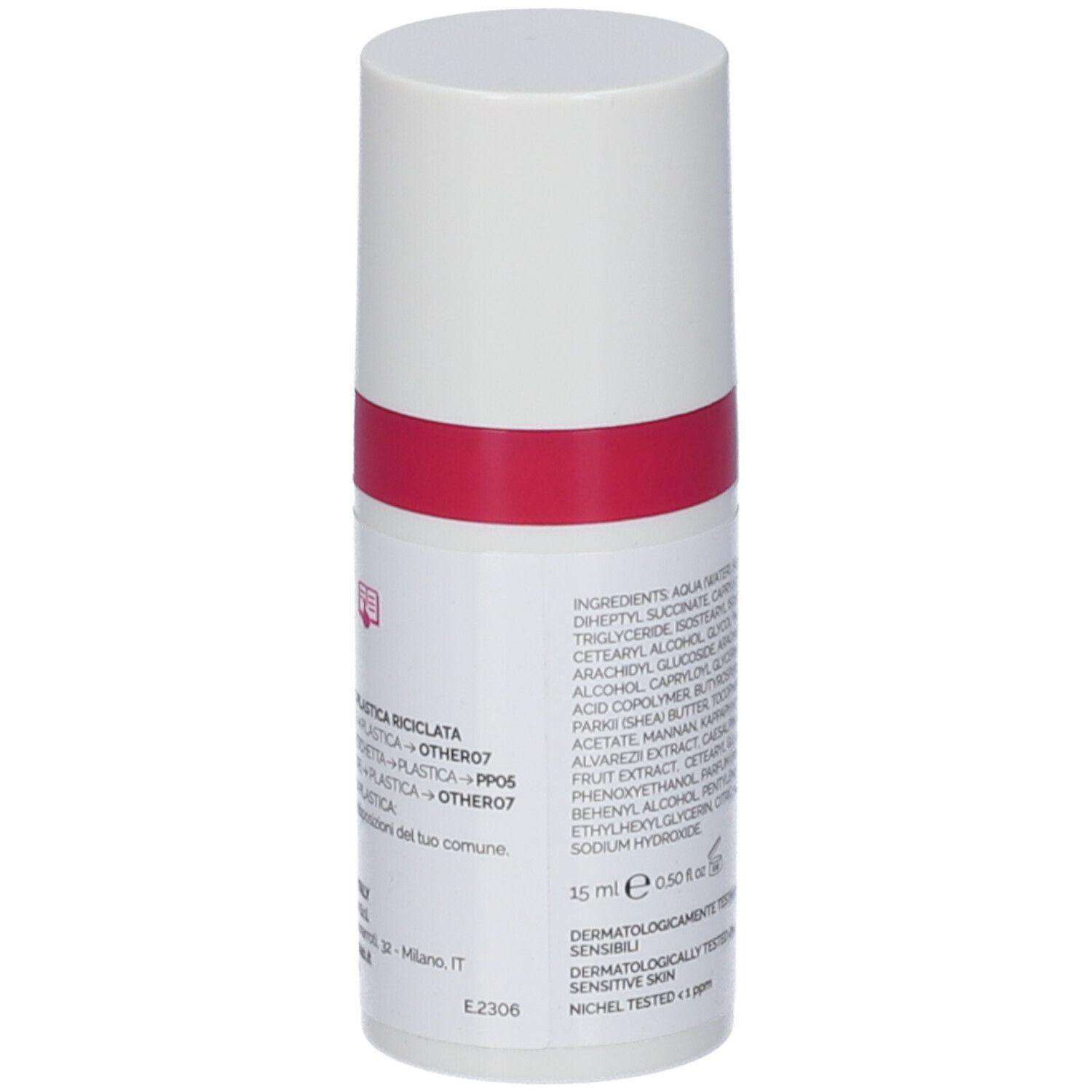 Flacone cilindrico bianco con fascia rosa. Retro con testo e ingredienti. Tappo bianco.